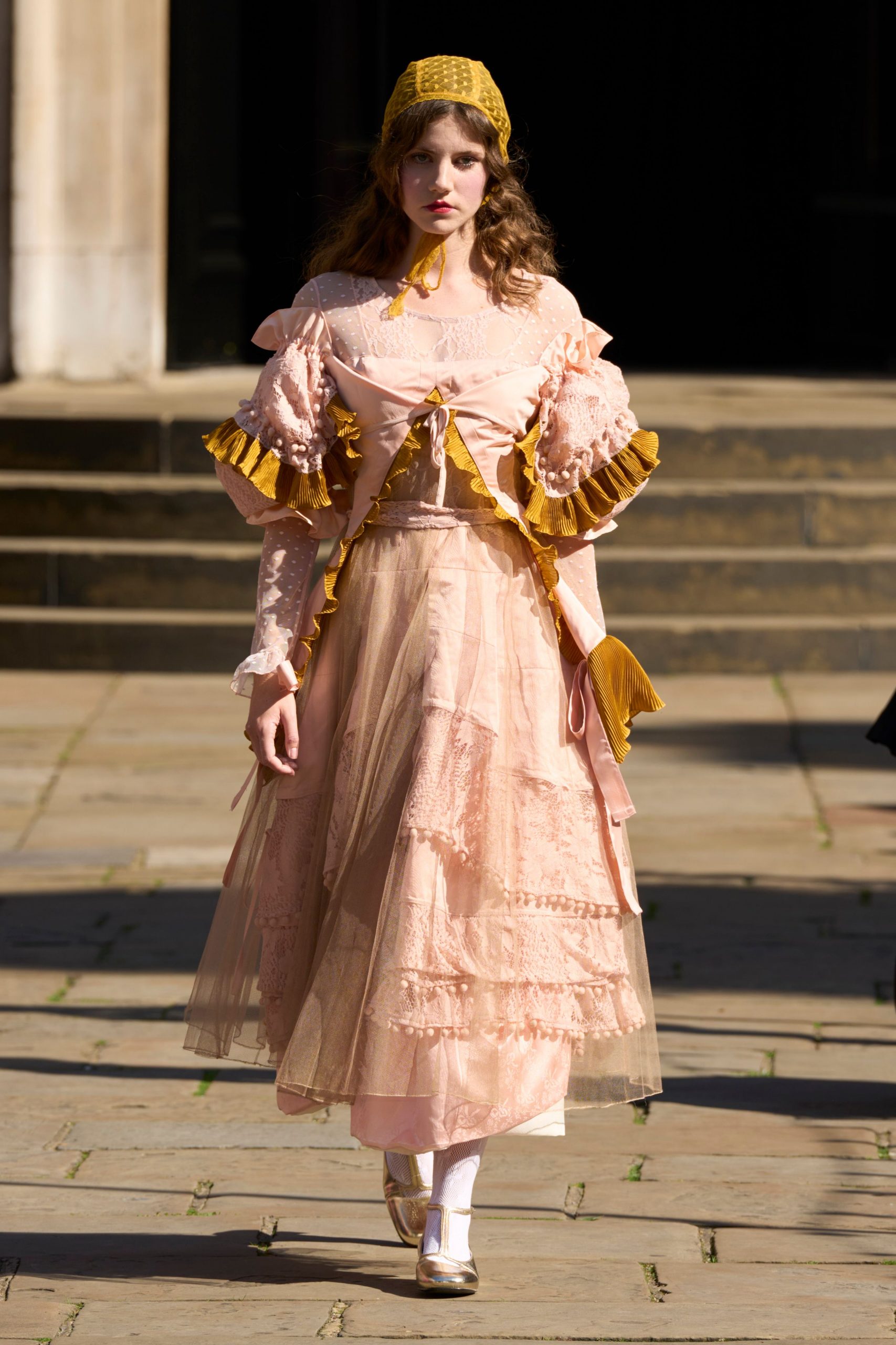 pink silk long-sleeve v-neck fitted ruffled layered dress