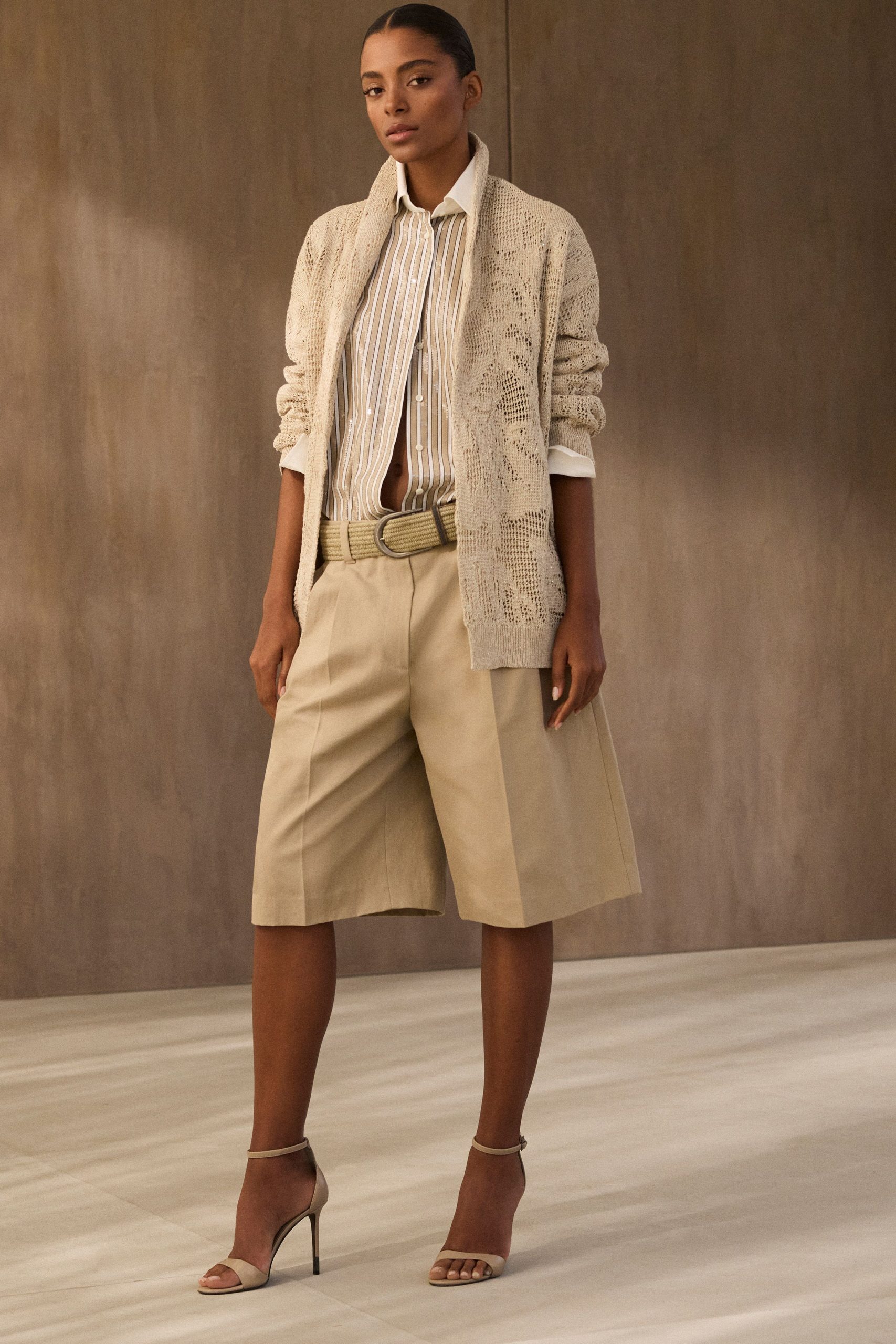 beige knit long-sleeve relaxed layered cardigan