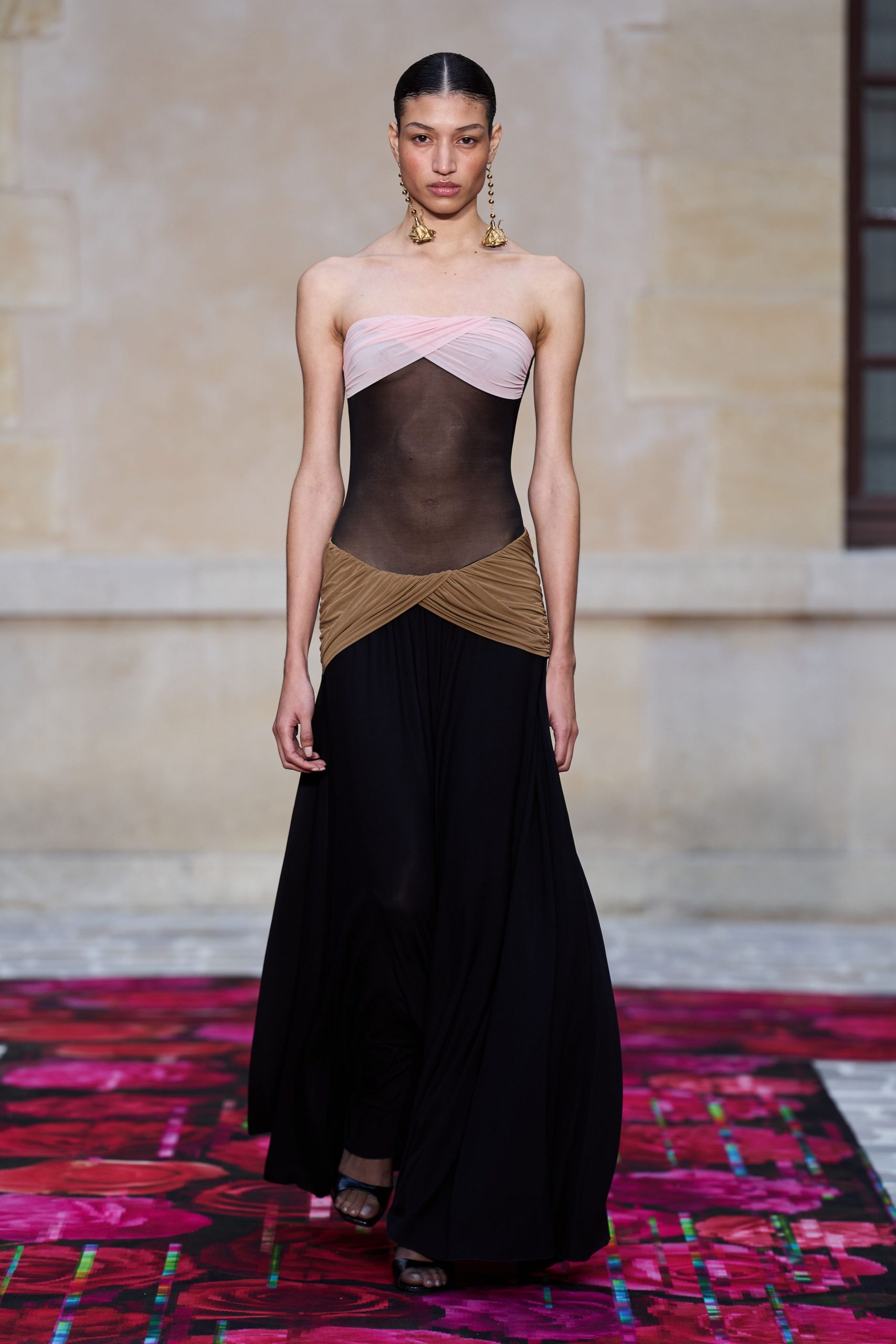 black silk strapless fitted draped sheer maxi gown