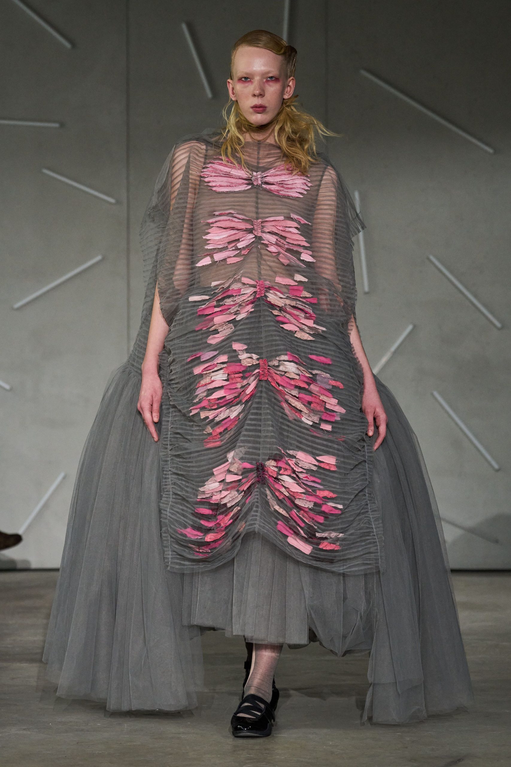 gray tulle sleeveless relaxed layered ruffled flowing gown