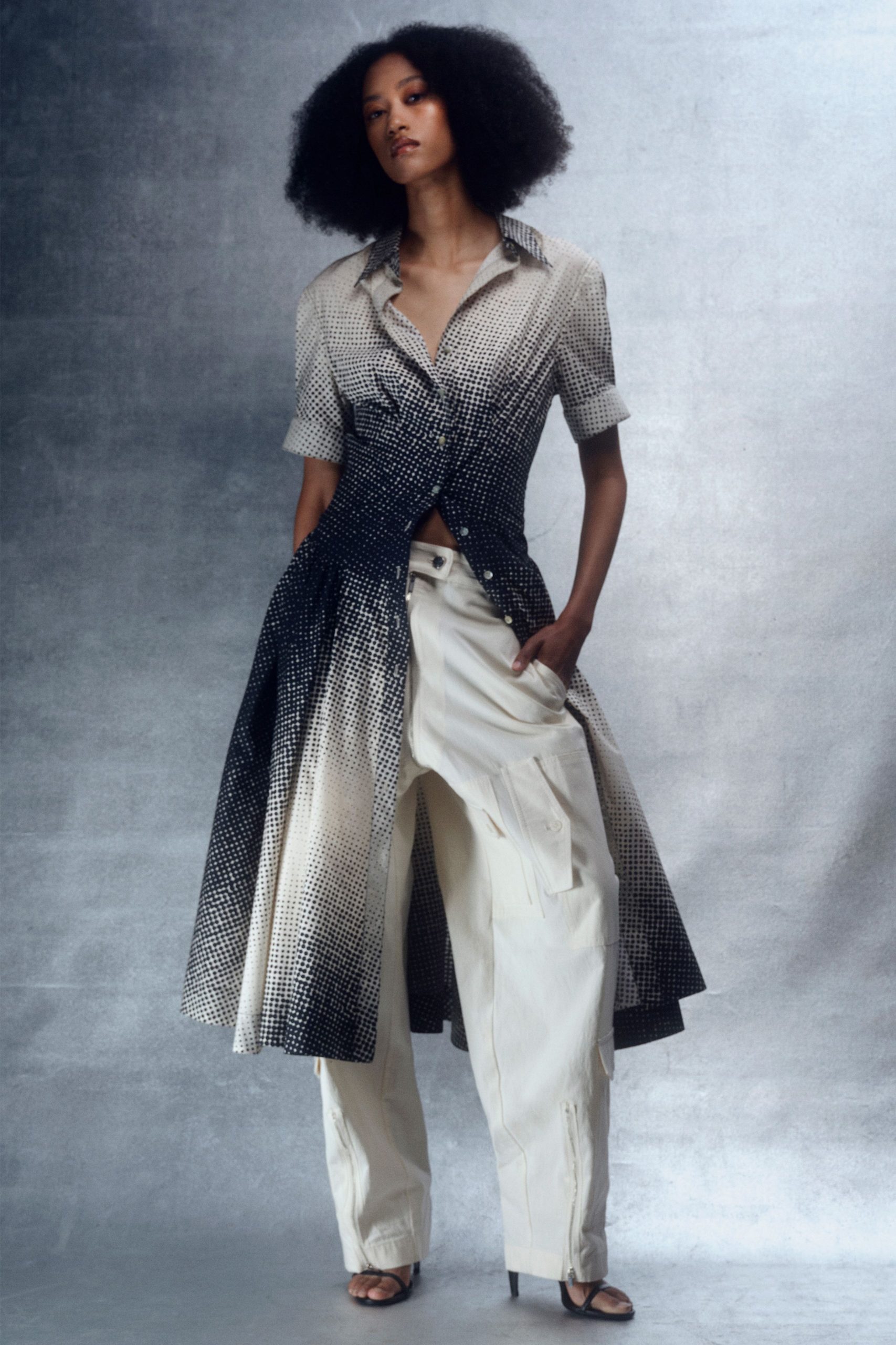 black cotton short-sleeve collared fitted buttoned color-blocked shirt-dress
