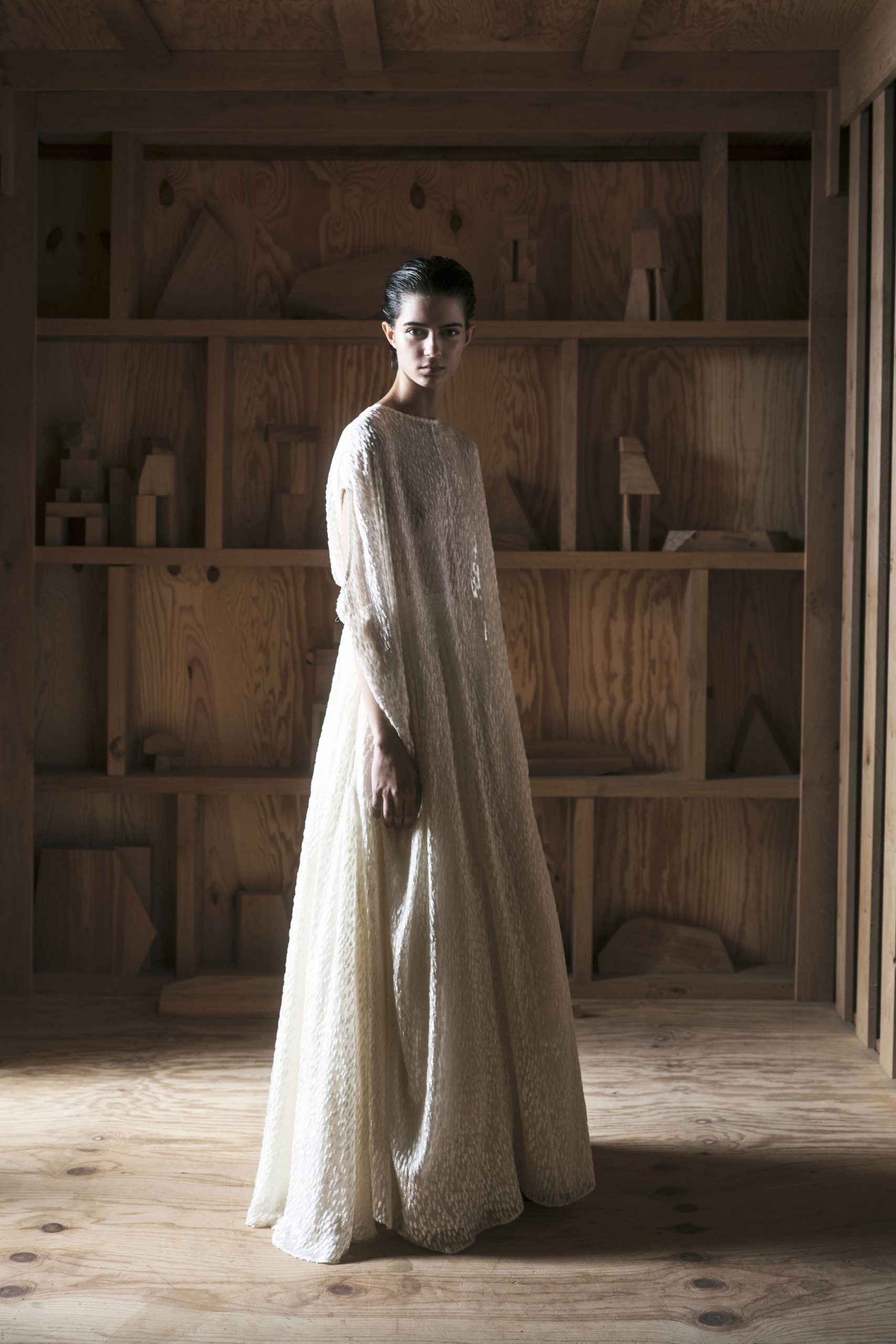ivory silk long-sleeve gown