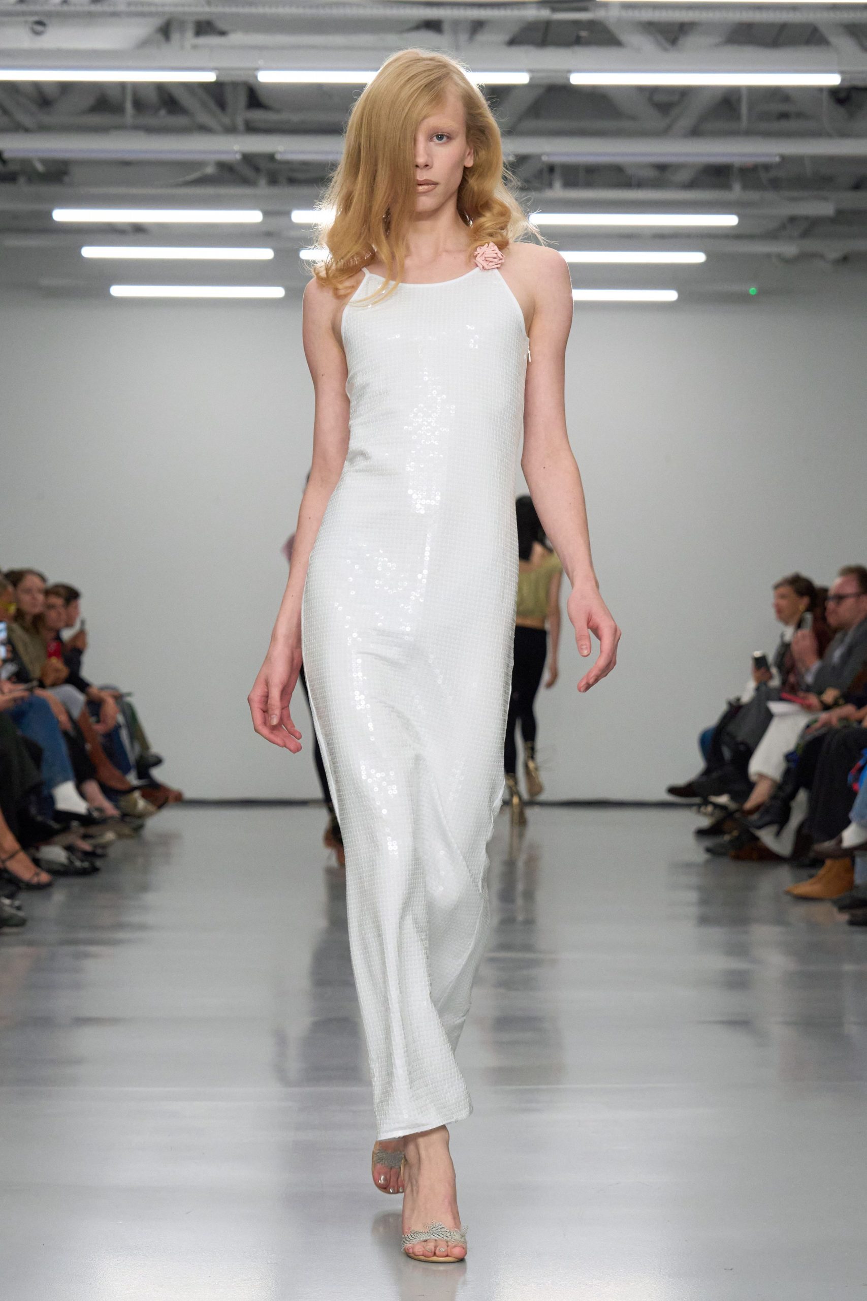 white sequin sleeveless high-neck fitted straight-leg shiny dress