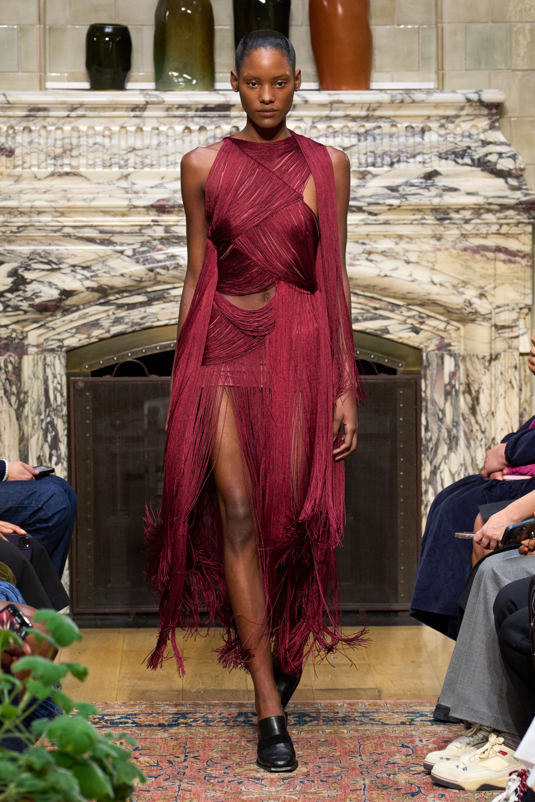 red silk fringed midi dress