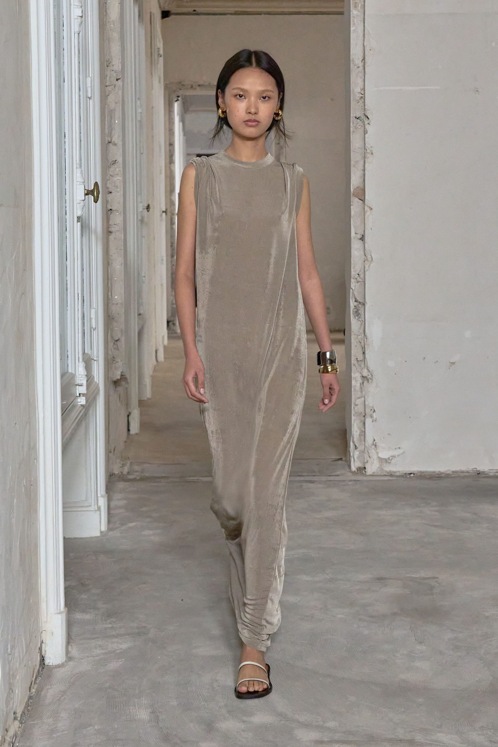 beige velvet sleeveless high-neck fitted draped flowing dress