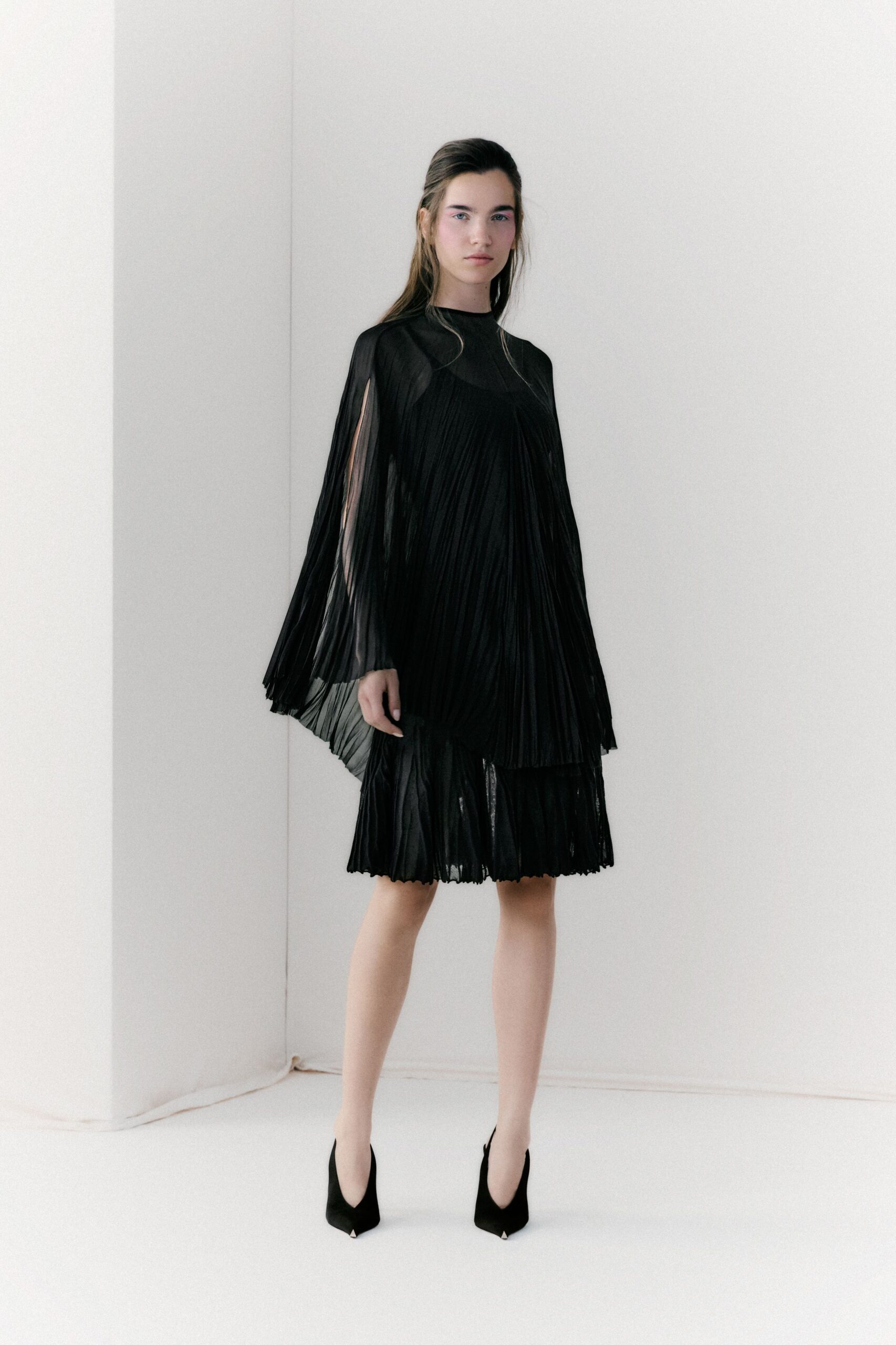 black silk long-sleeve high-neck fitted pleated layered dress