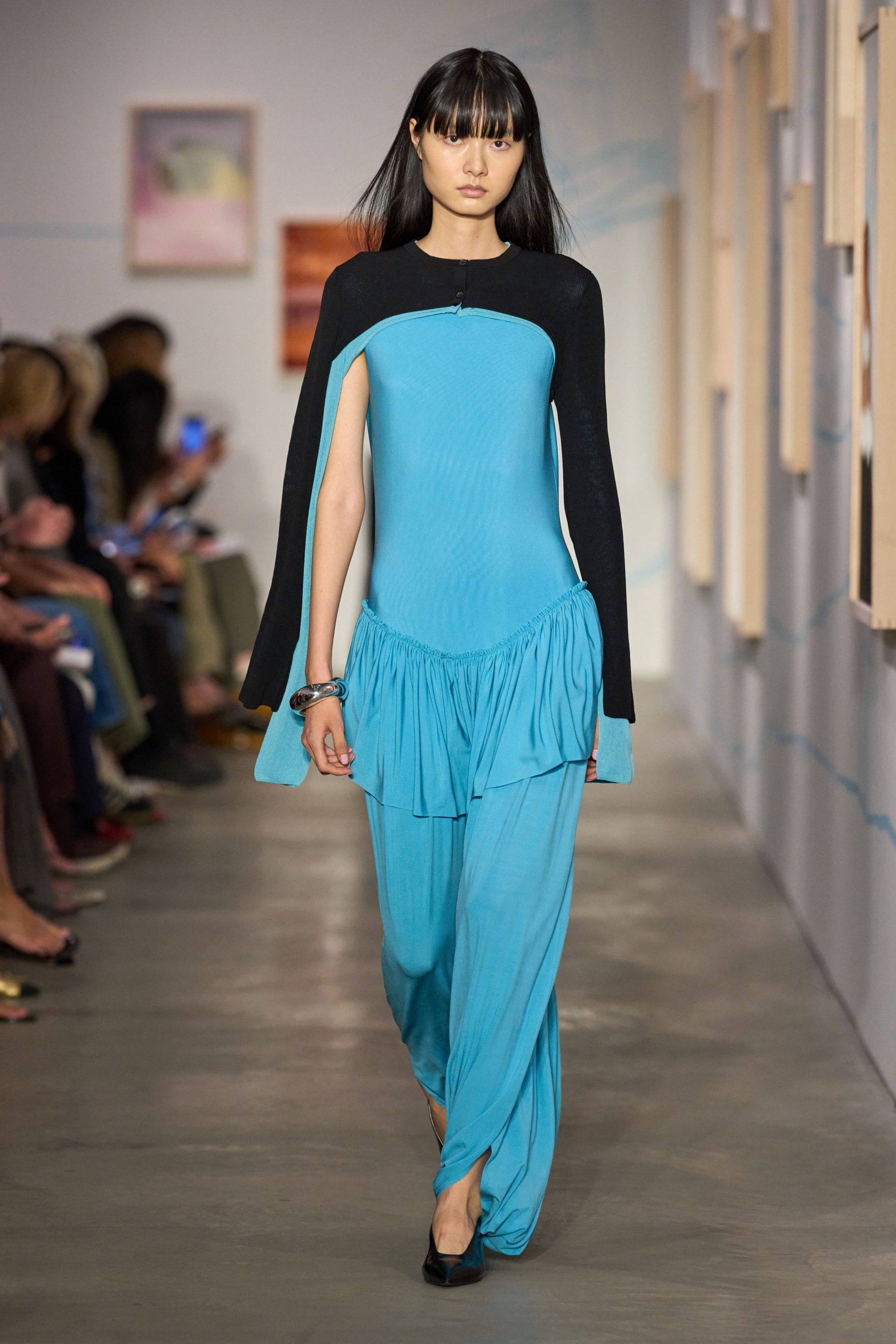 blue jersey long-sleeve high-neck fitted draped zippered jumpsuit
