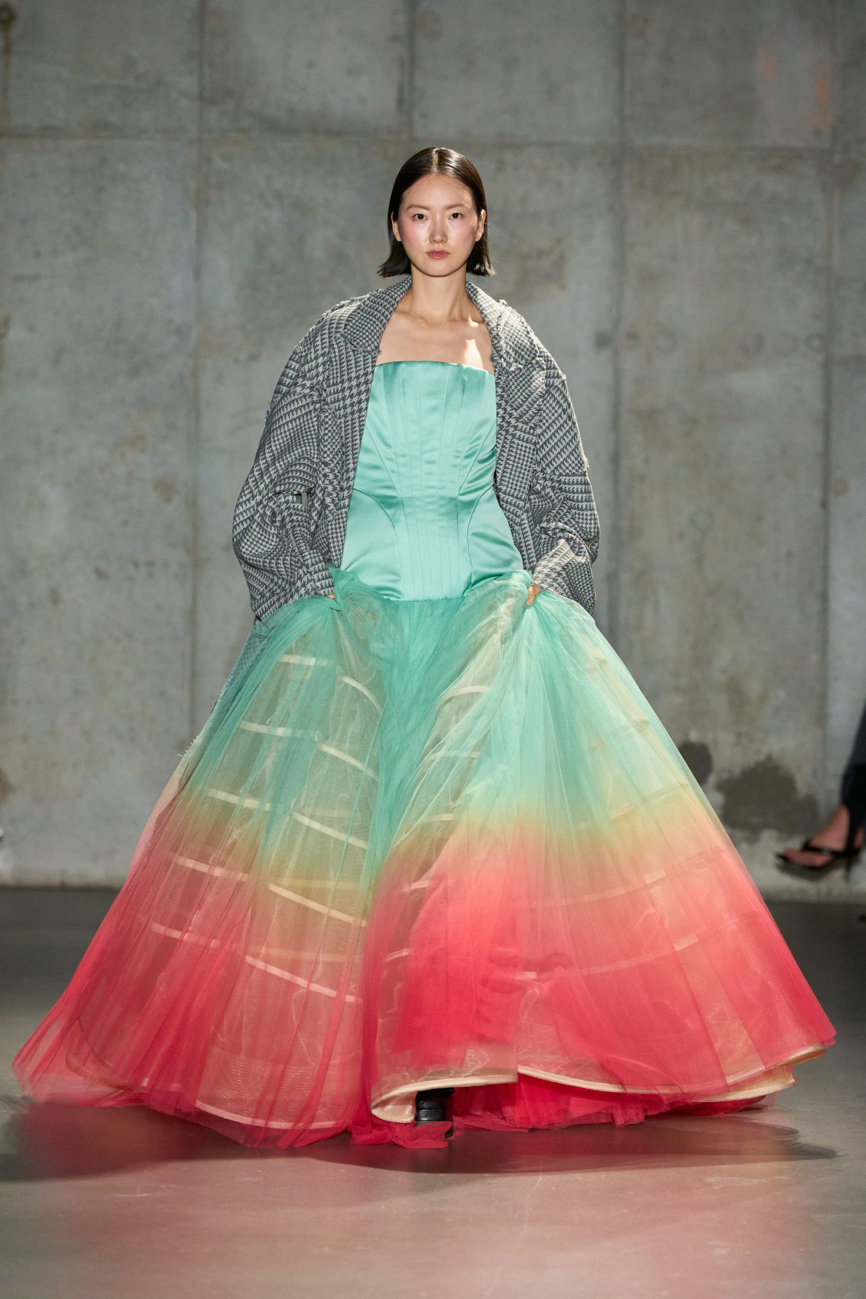 green tulle strapless fitted tiered flowing maxi gown