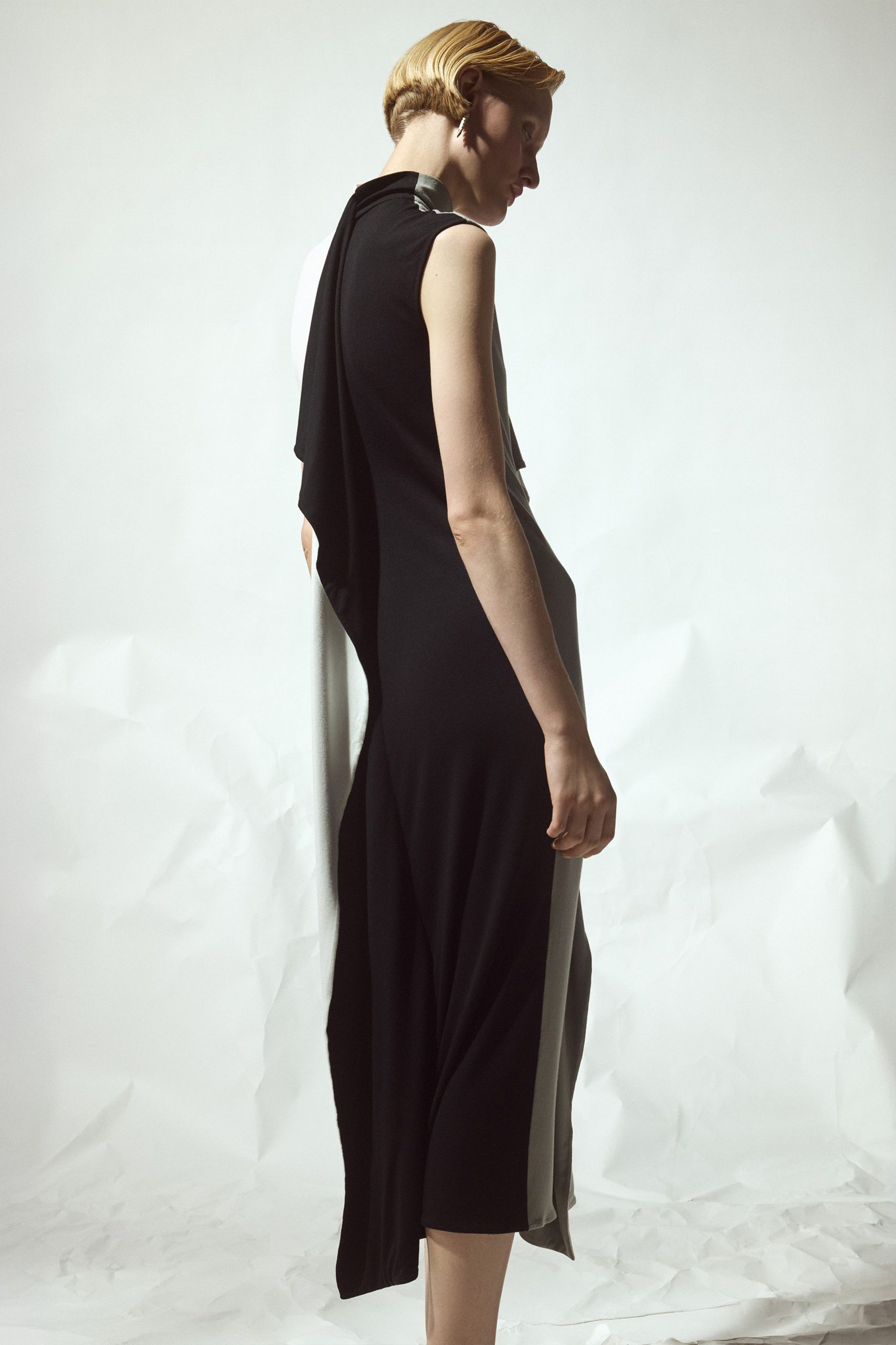 black and white draped midi dress