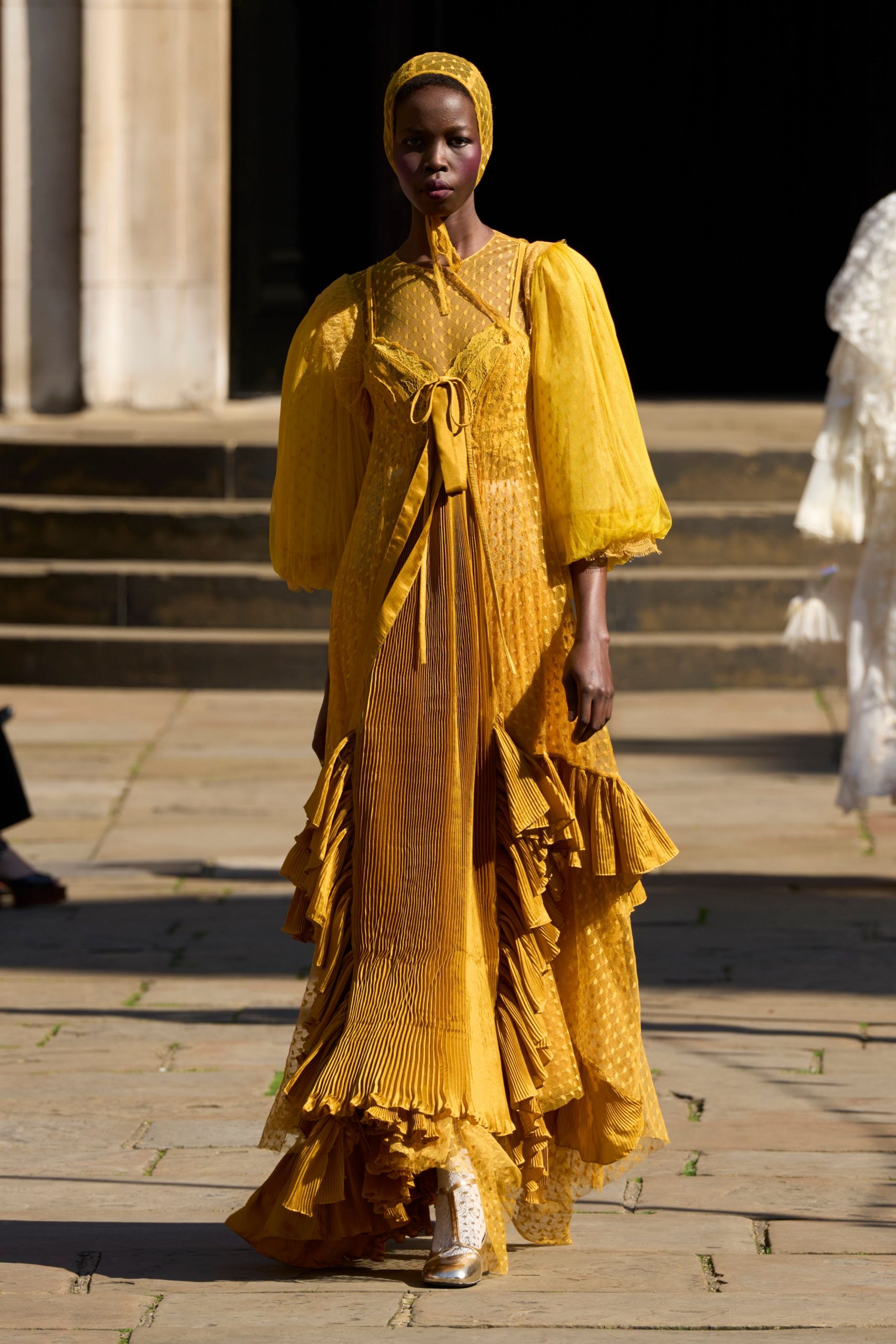 yellow silk long-sleeve v-neck fitted pleated ruffled gown