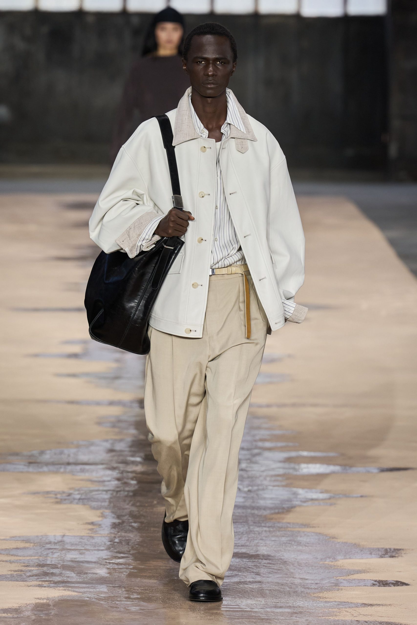 oversized white jacket with striped shirt
