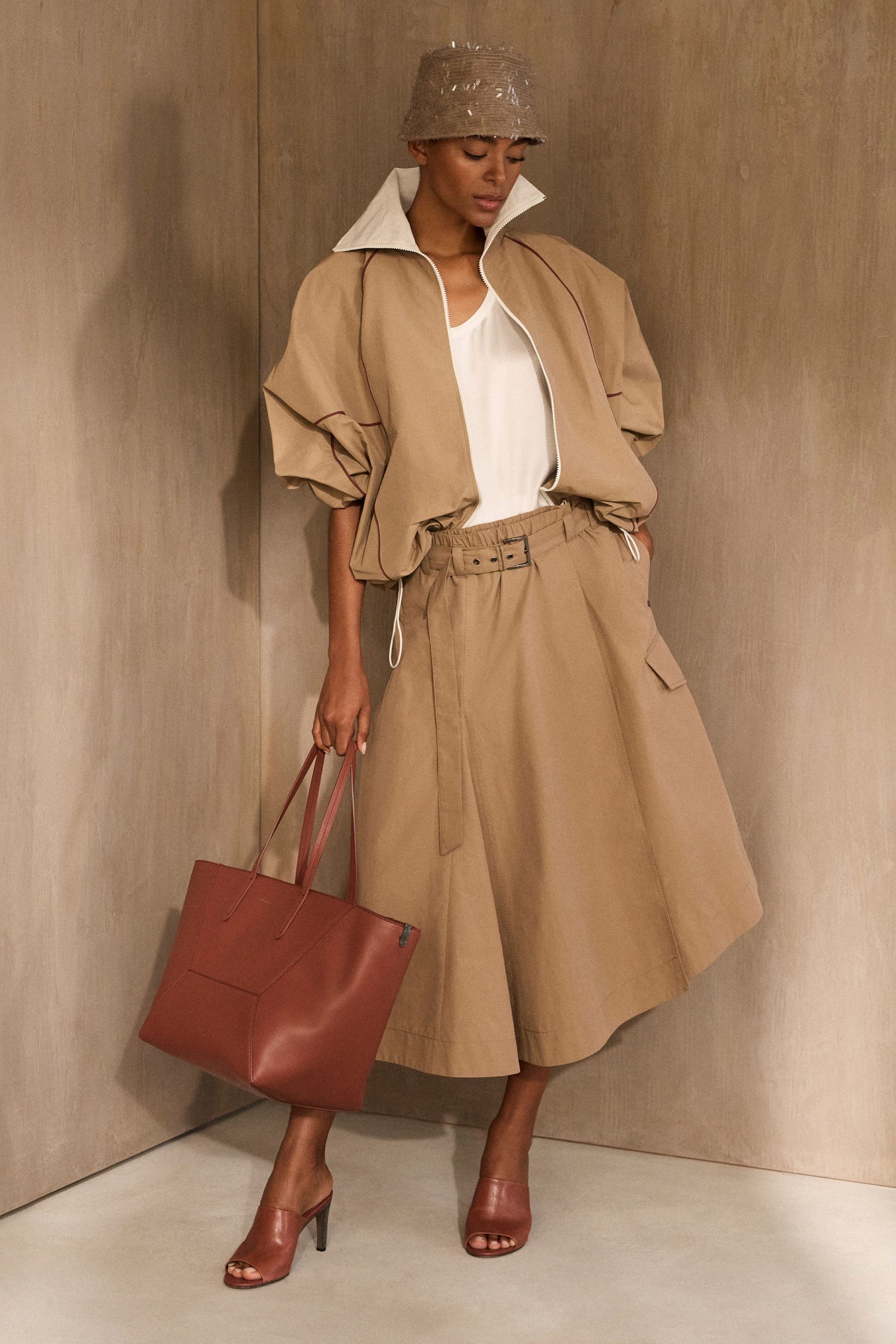 beige relaxed jacket with midi skirt