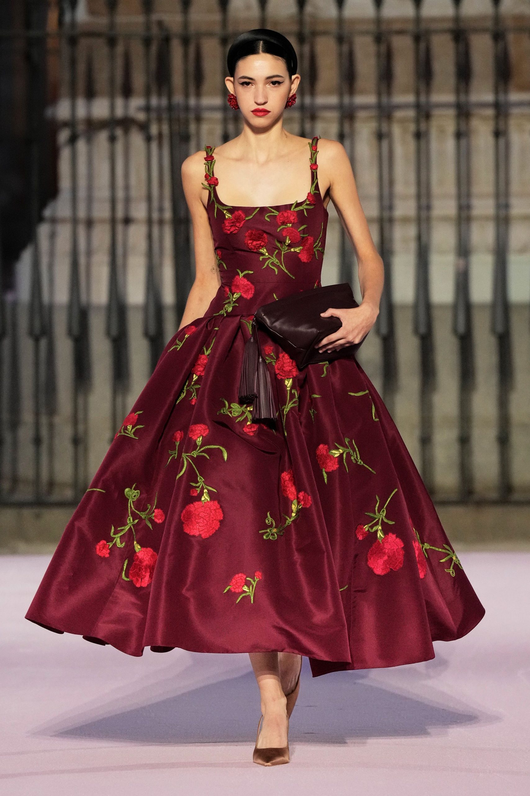 maroon embroidered midi dress