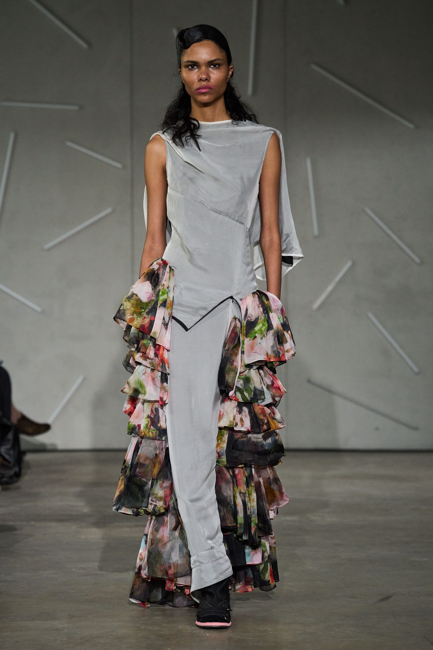 gray silk sleeveless asymmetric fitted ruffled layered dress