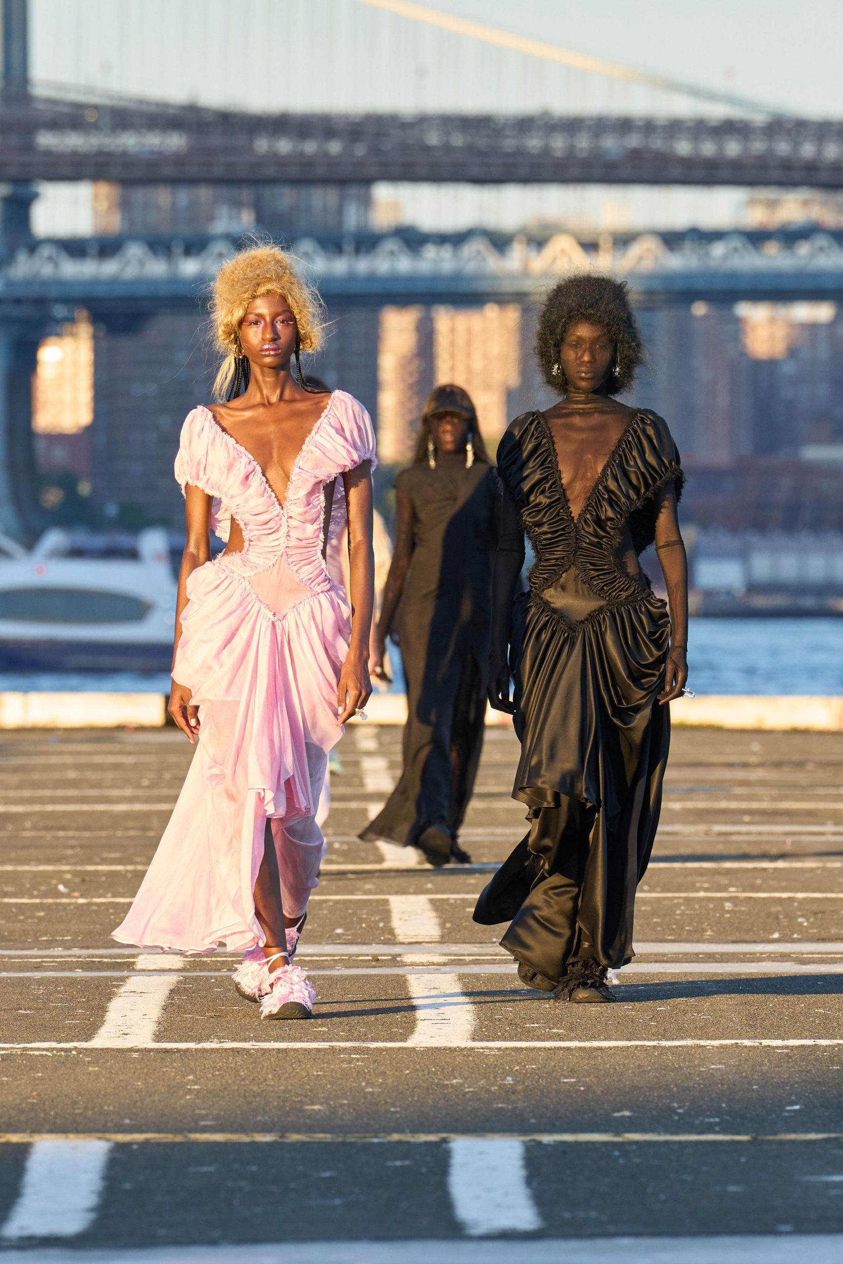 pink and black silk gowns