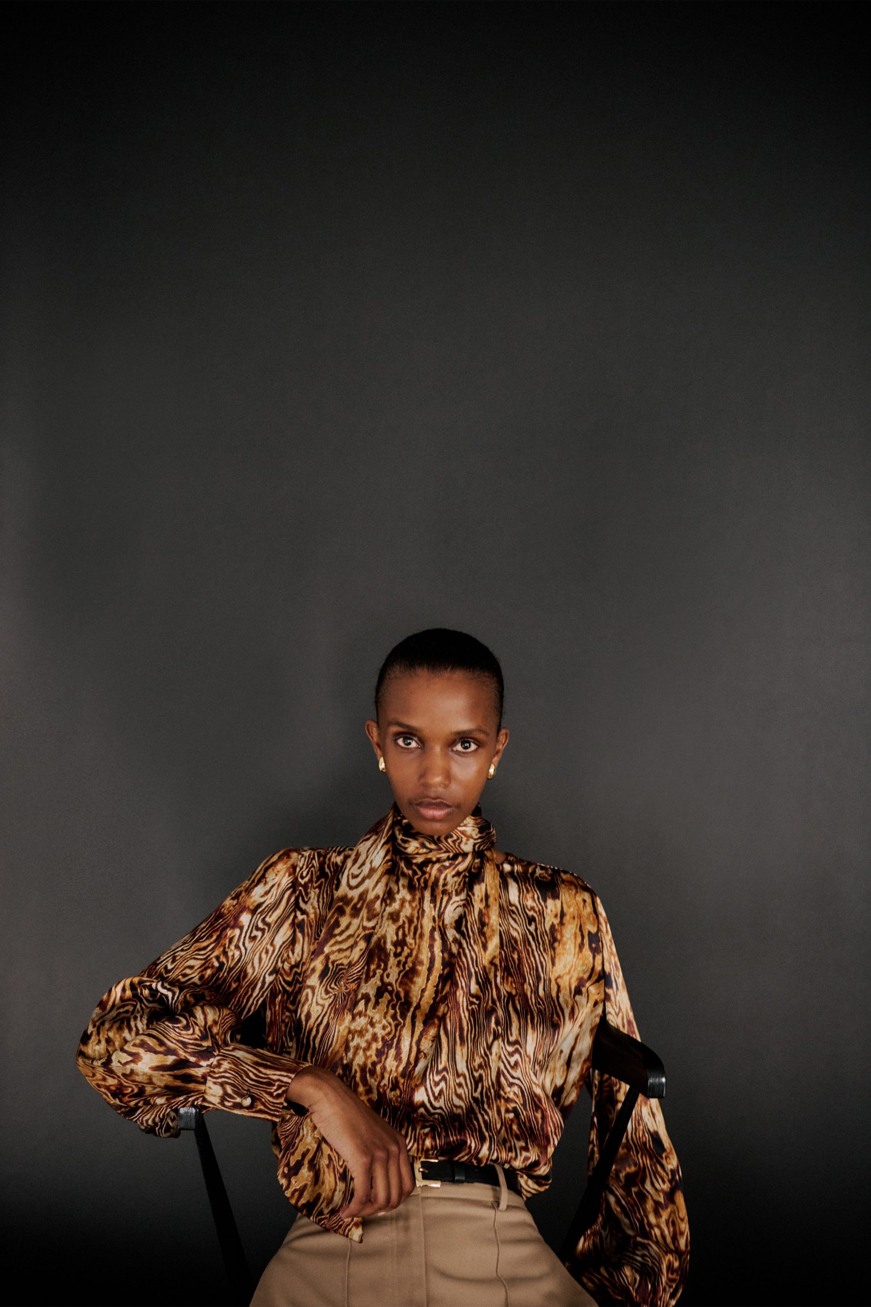 brown silk long-sleeve collared fitted printed shirt