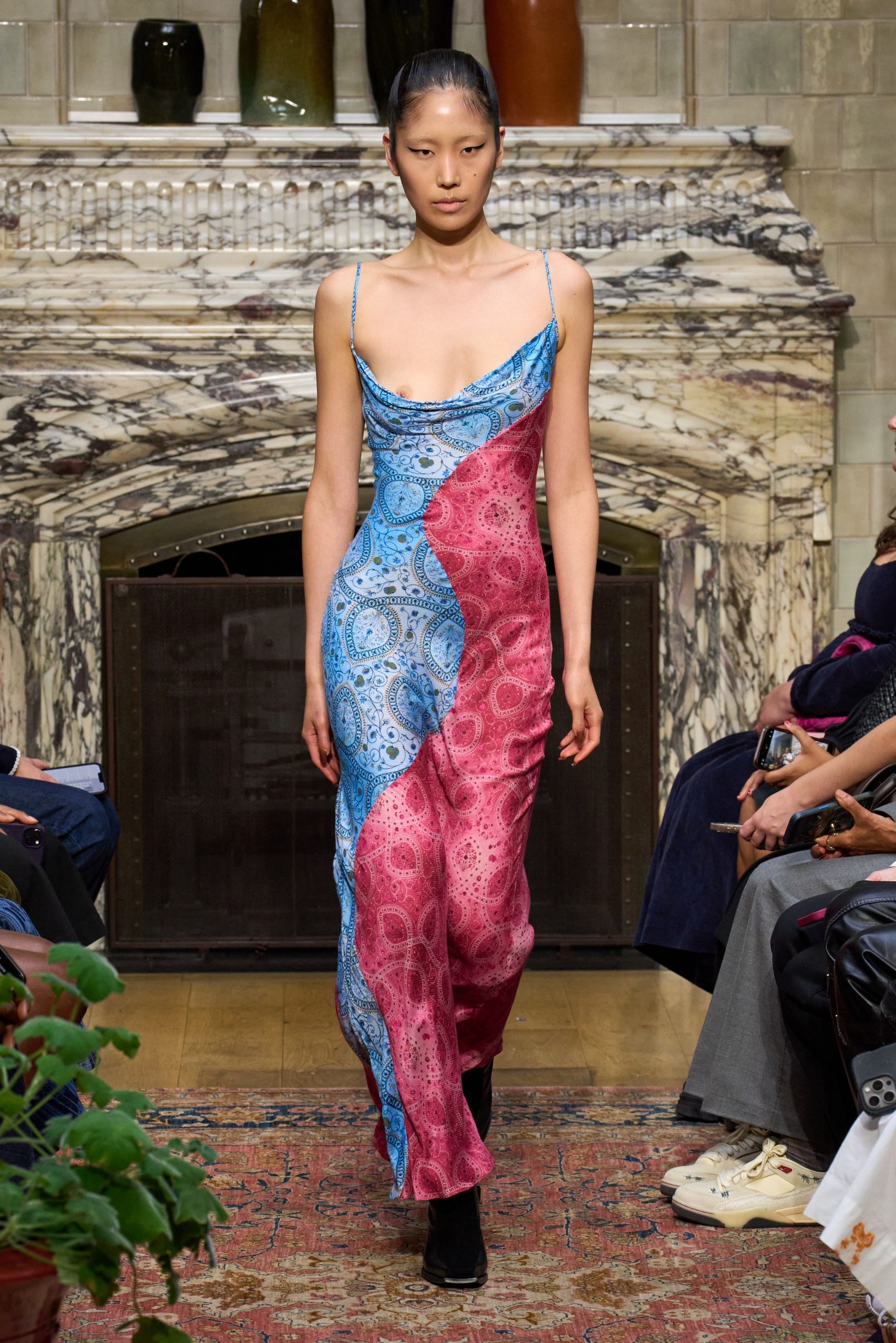 blue and pink silk maxi dress