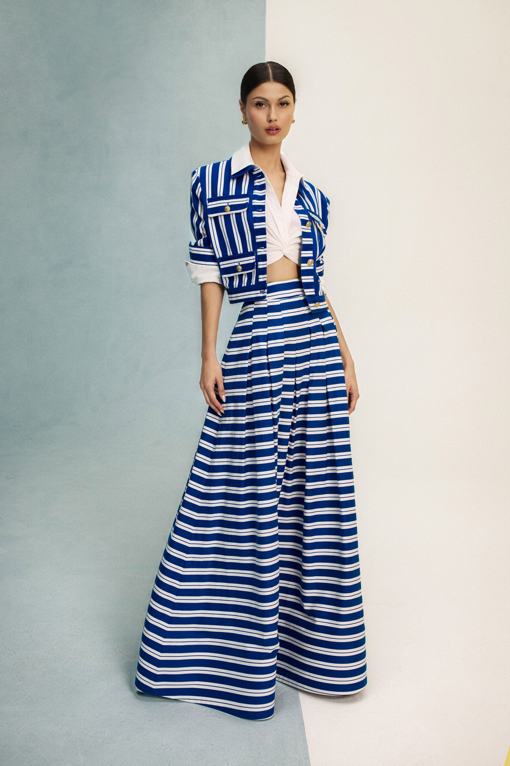 blue and white striped outfit
