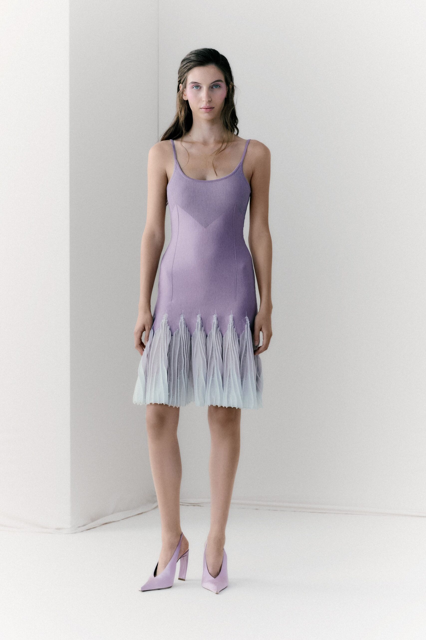 purple silk sleeveless v-neck fitted pleated layered dress