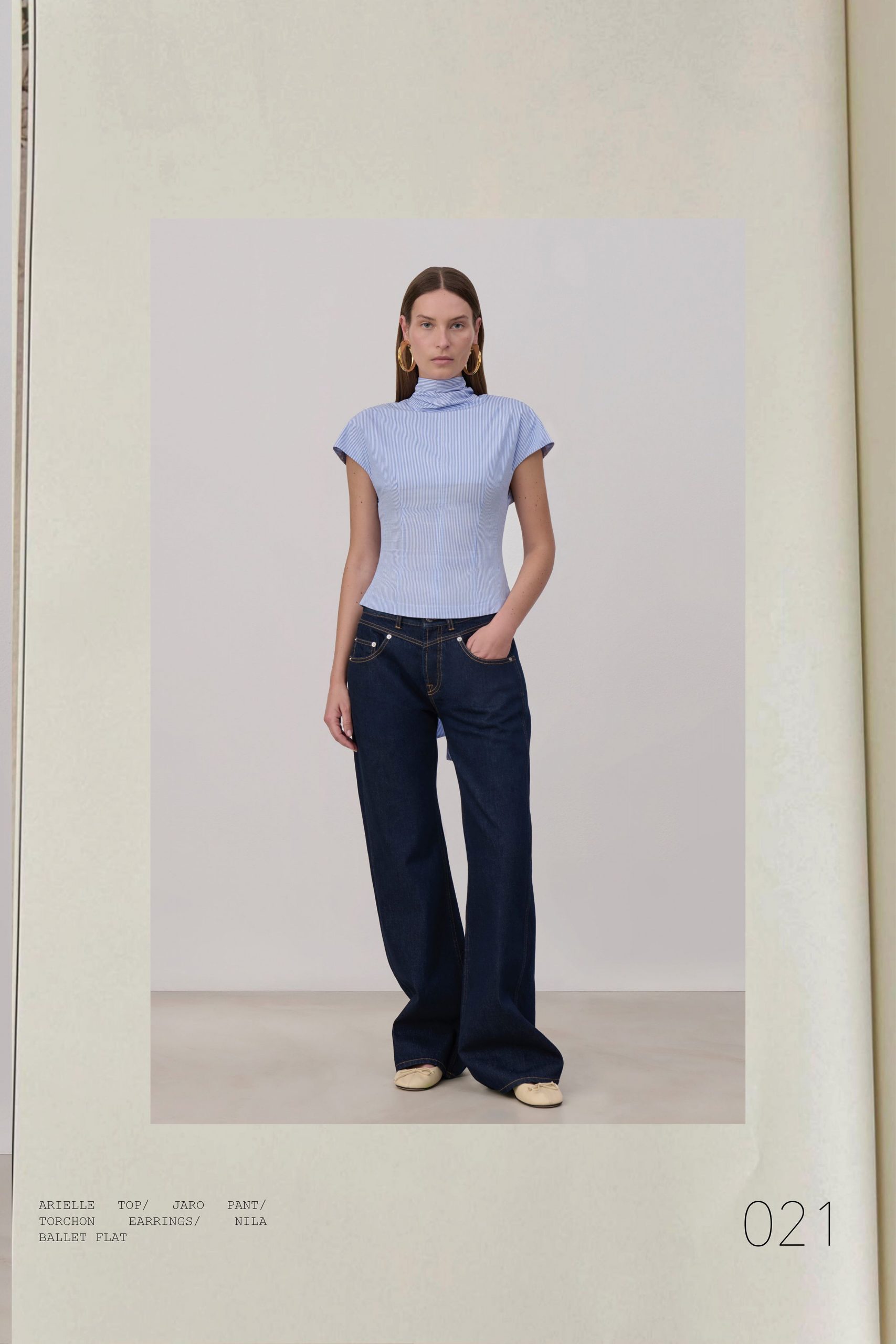 blue fitted top with wide-leg pants
