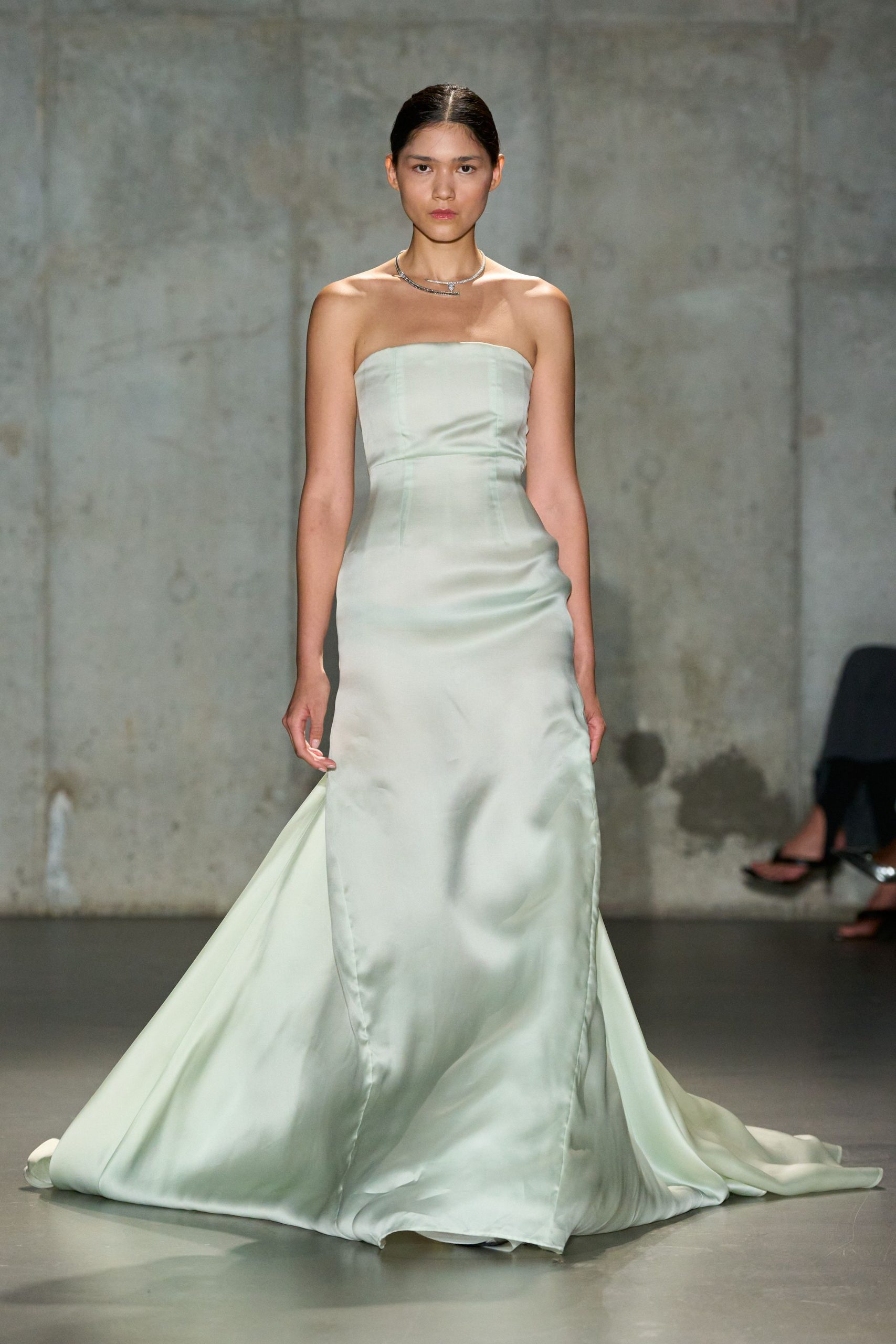 green silk strapless gown