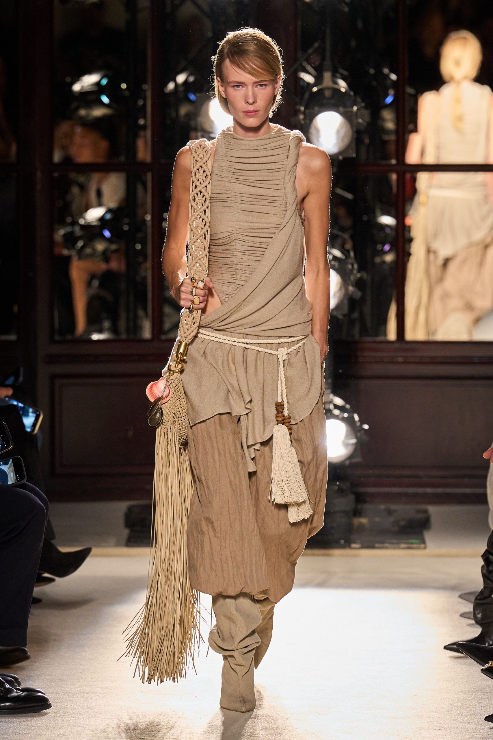 beige ruched midi dress with bag