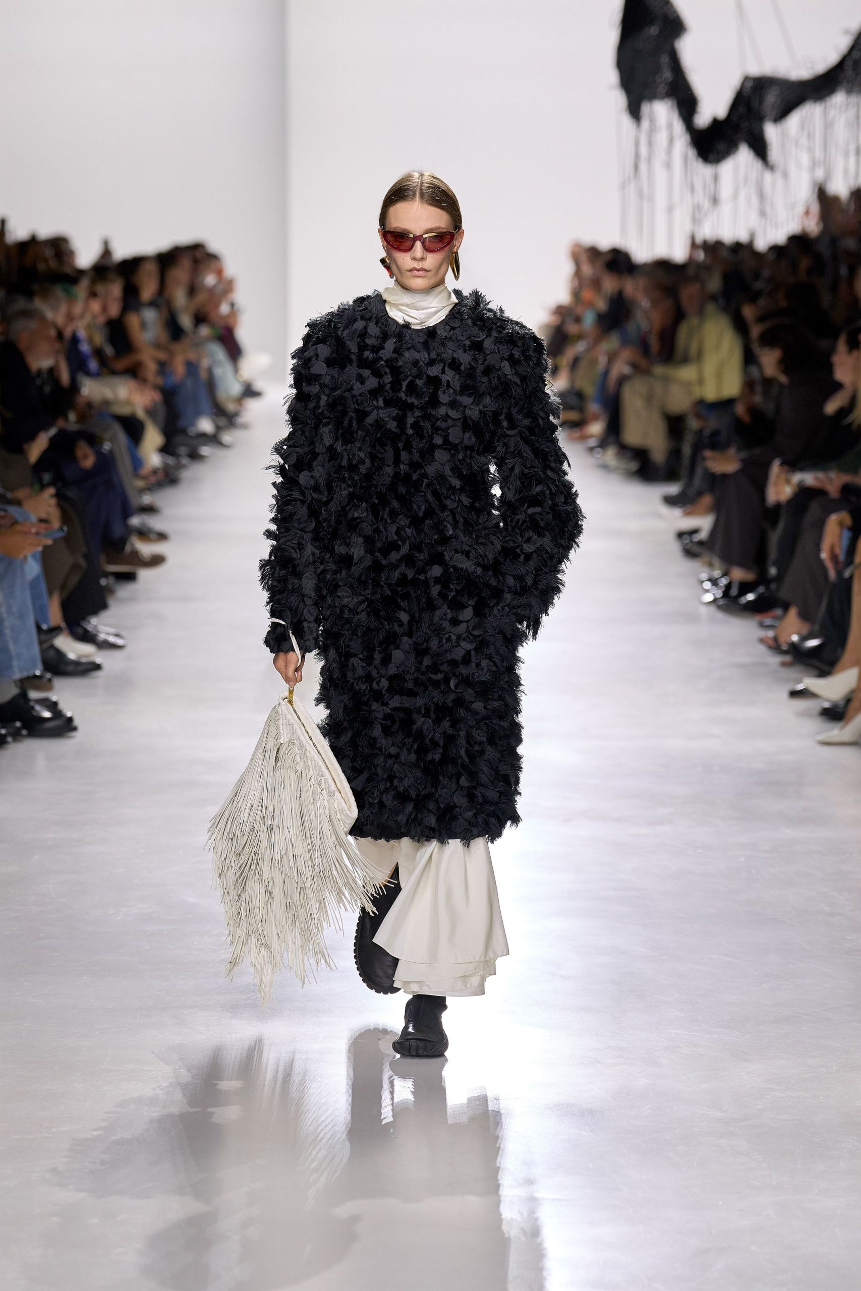 black fur coat white dress