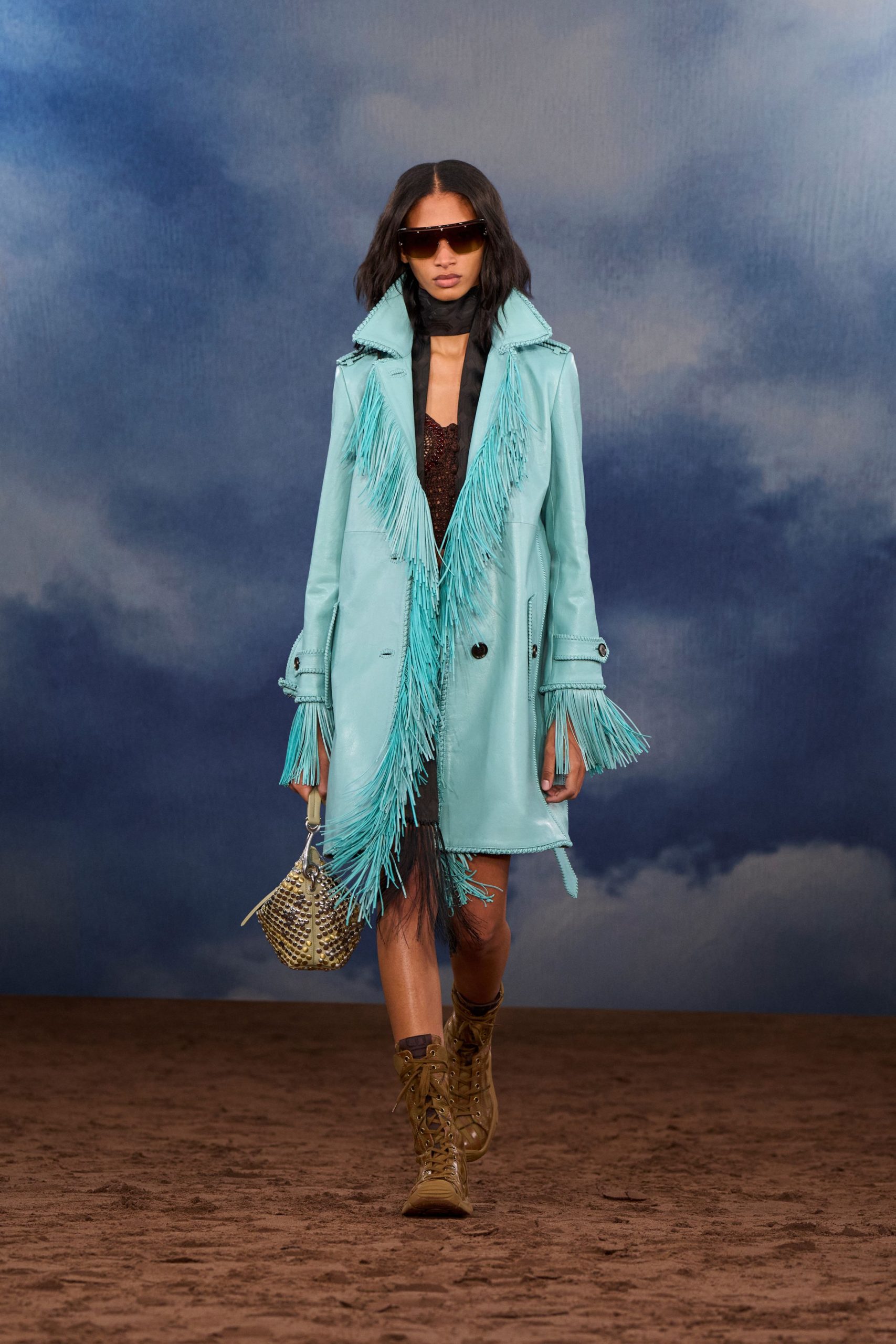 aqua leather fringed coat