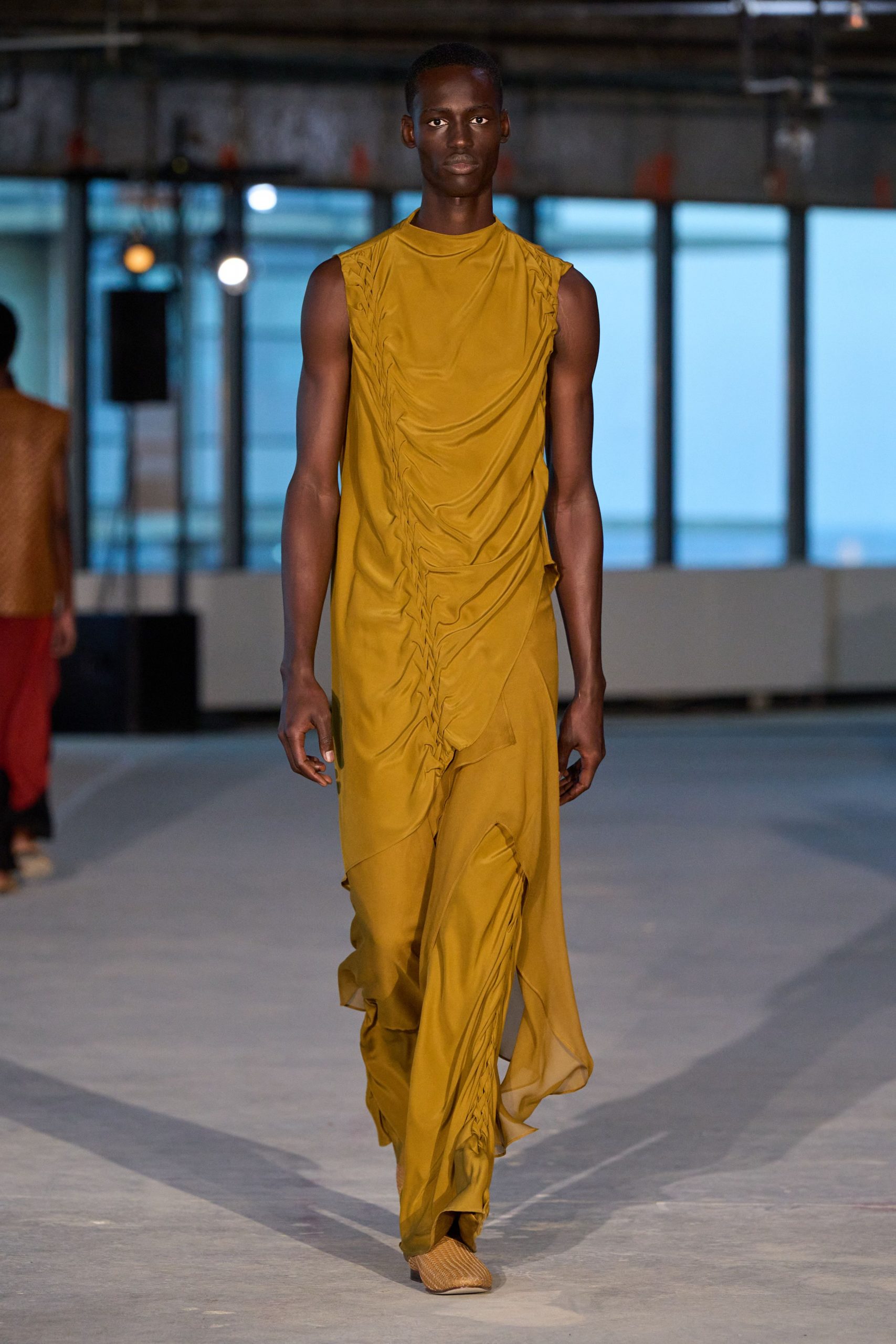 yellow silk draped maxi dress
