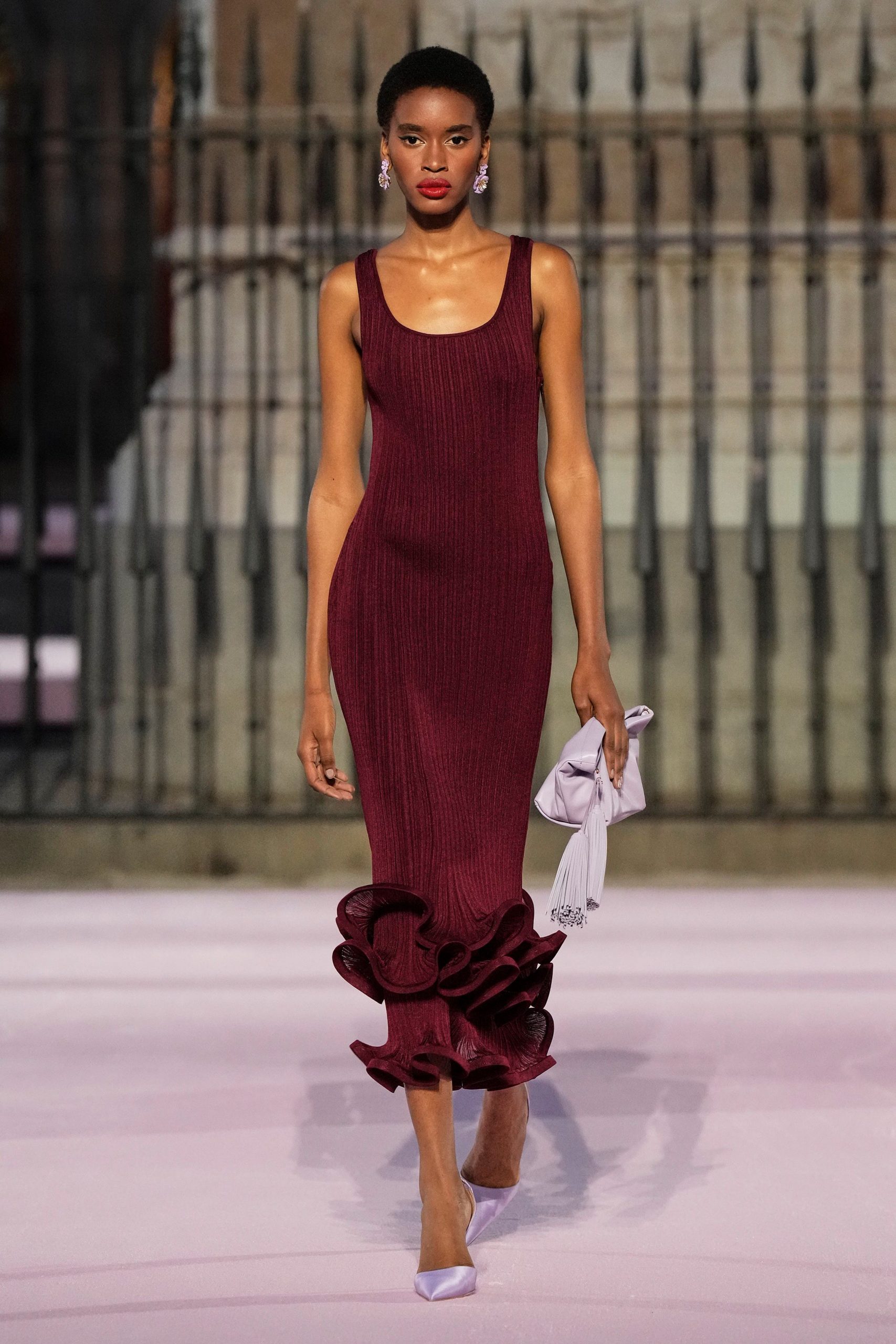 maroon knit sleeveless v-neck fitted ruffled midi dress