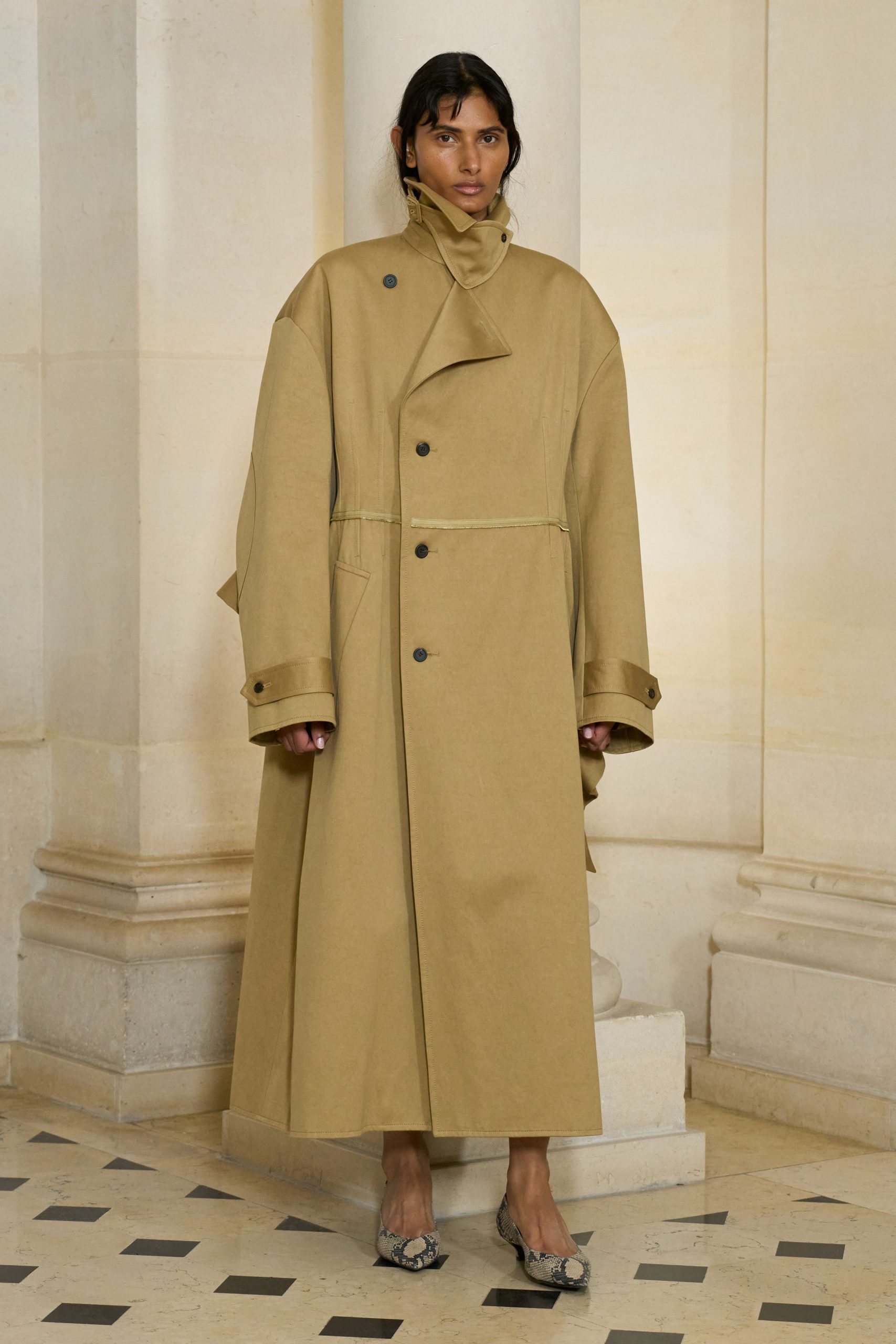 beige cotton long-sleeve collared oversized buttoned maxi coat