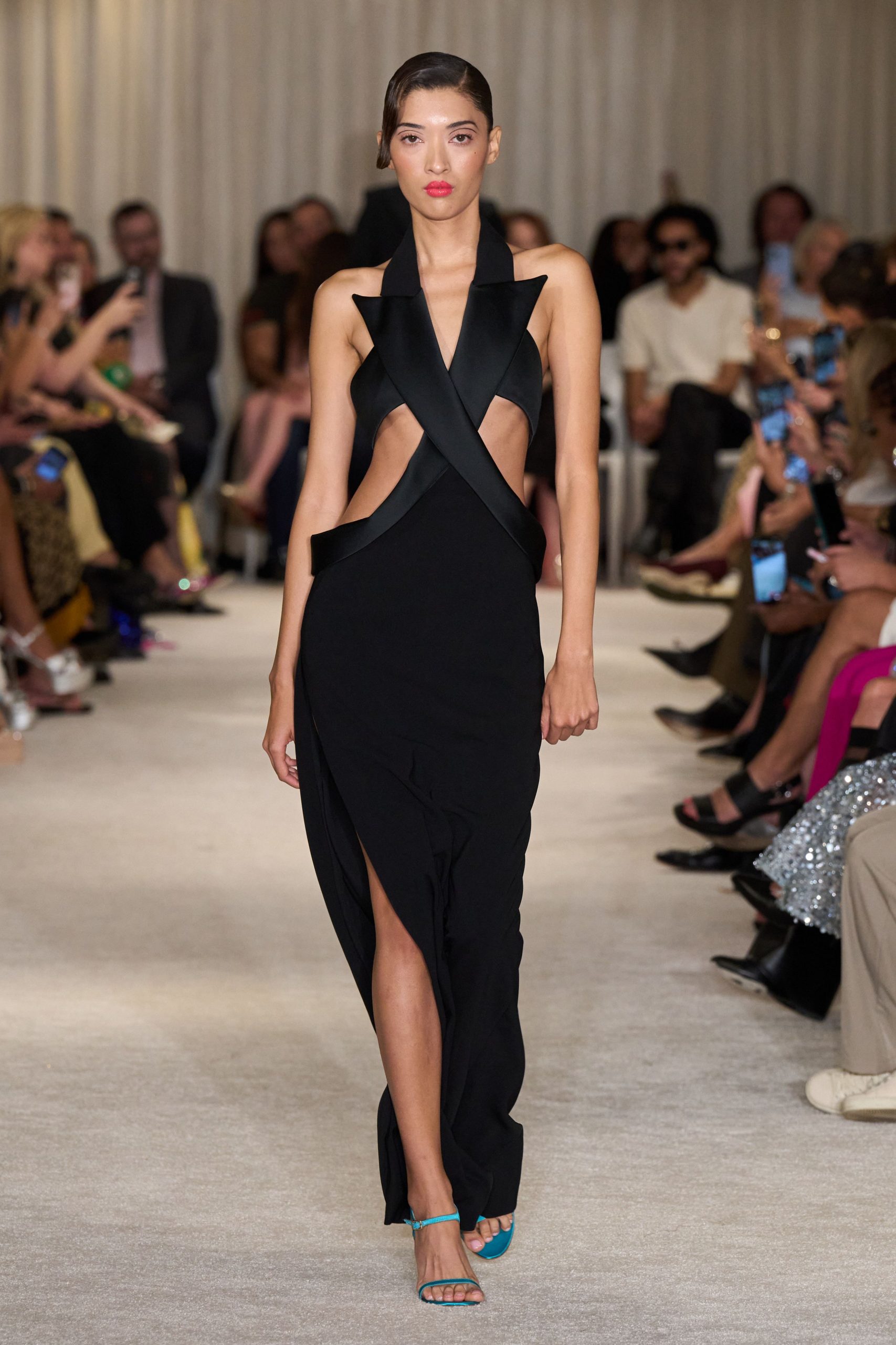 black silk fitted gown with cutouts