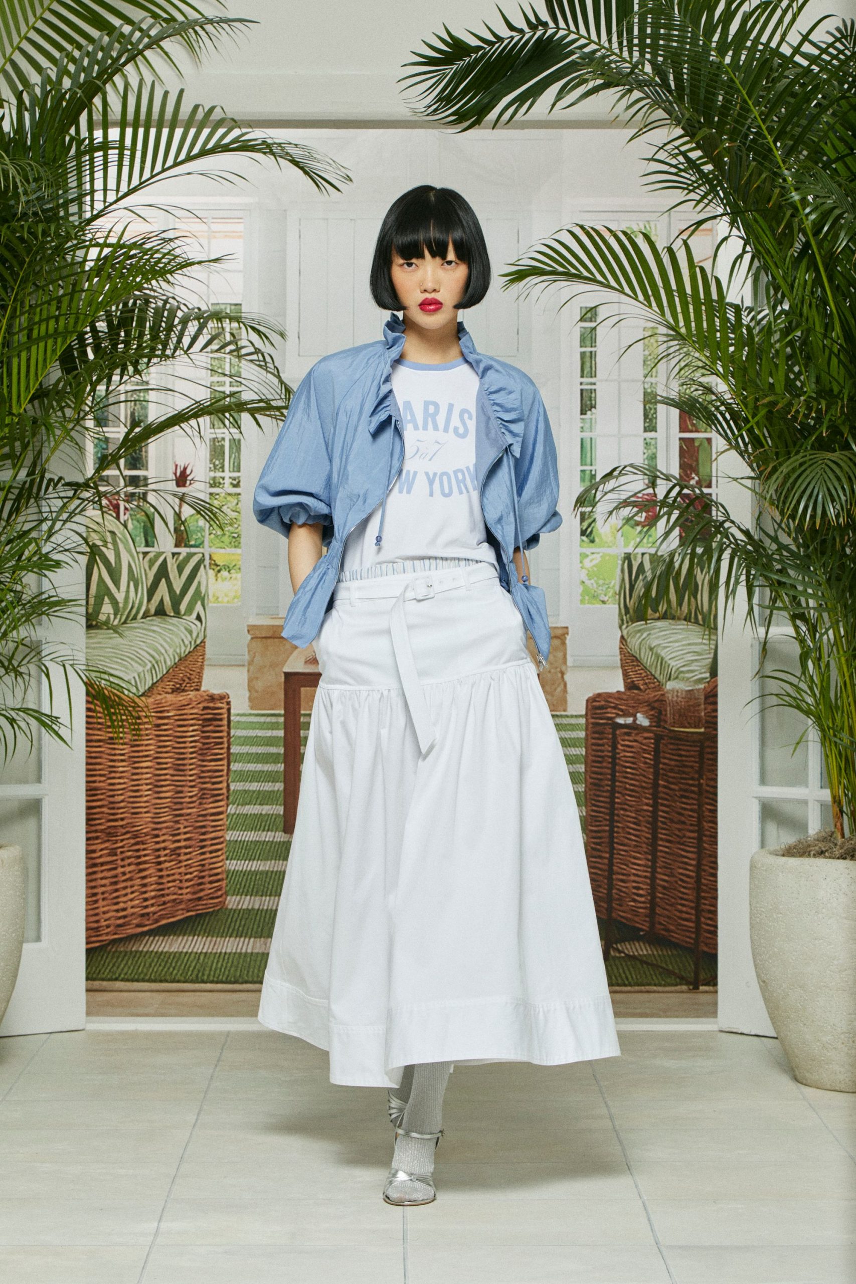 blue shirt white tiered skirt