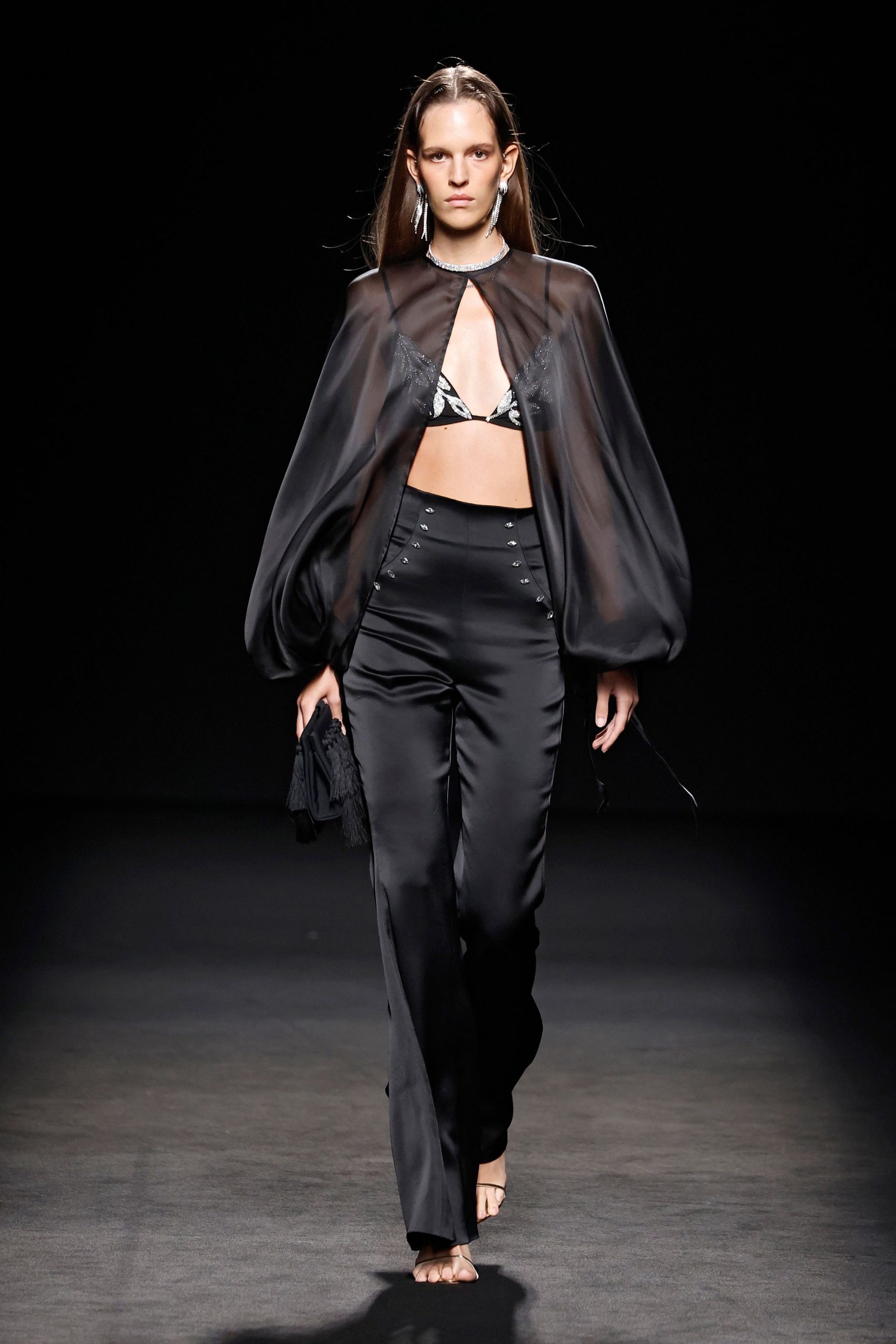 black silk long-sleeve collared relaxed sheer flowing cape