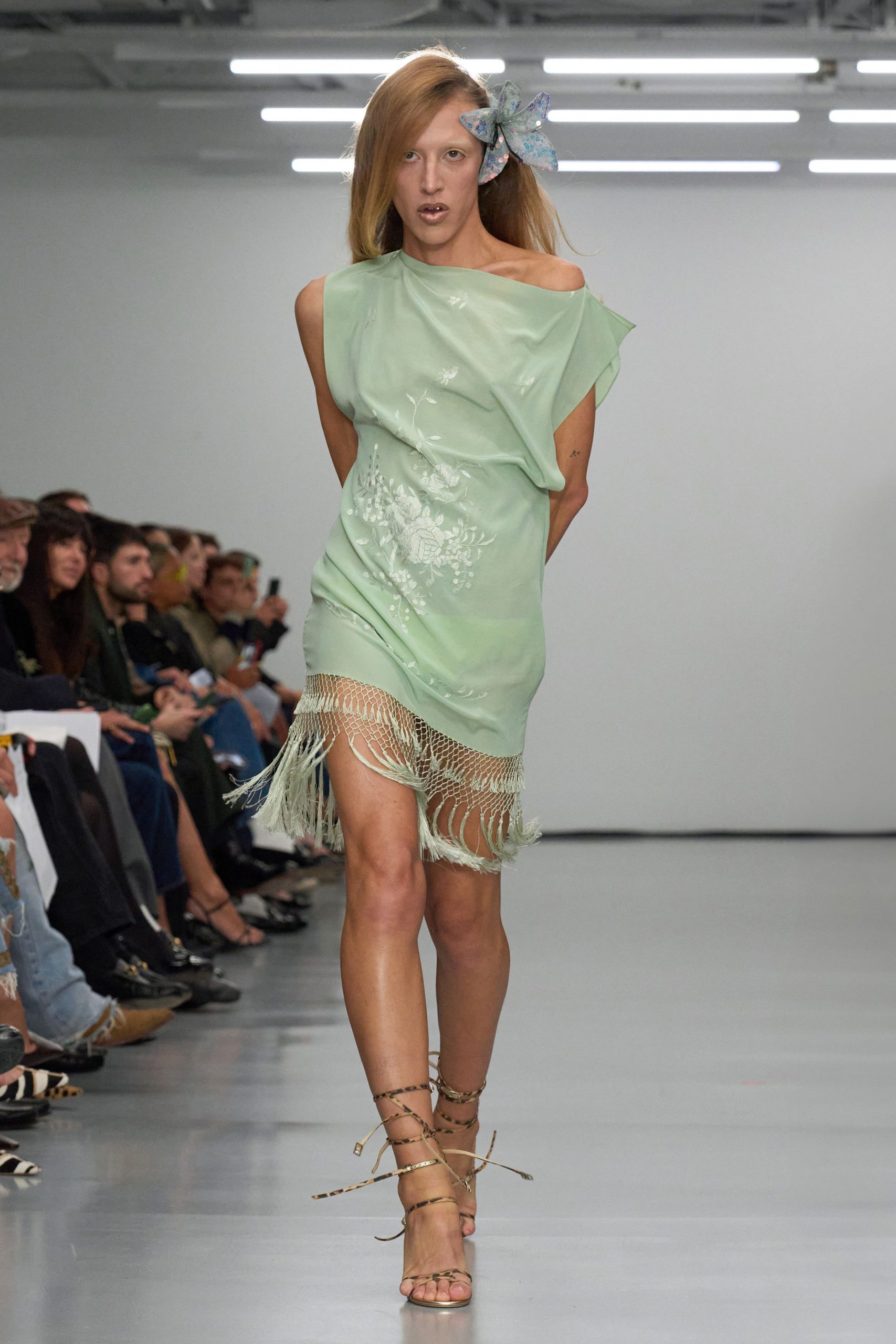 green silk sleeveless off-shoulder relaxed fringed embroidered dress