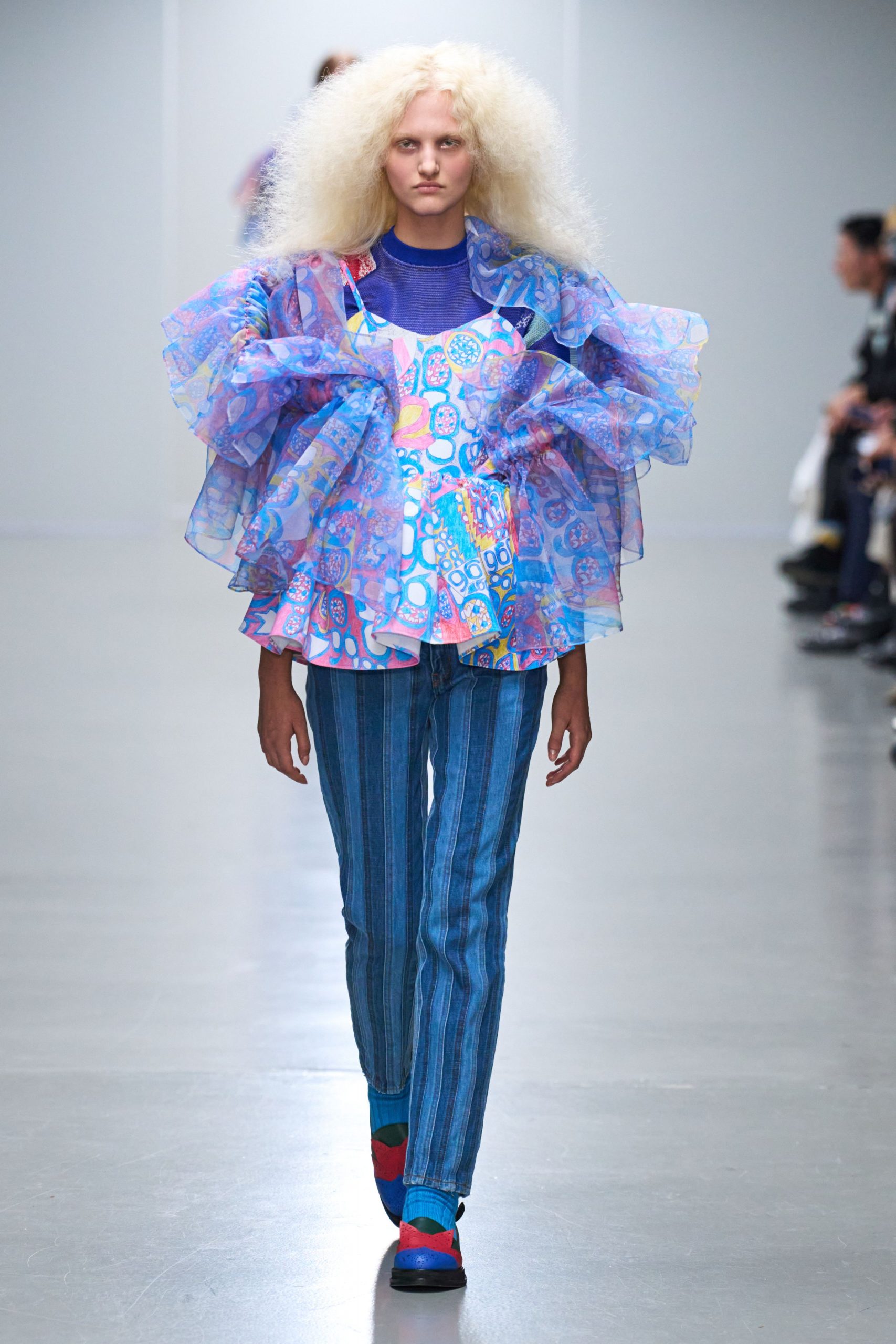 blue chiffon long-sleeve collared relaxed ruffled printed top