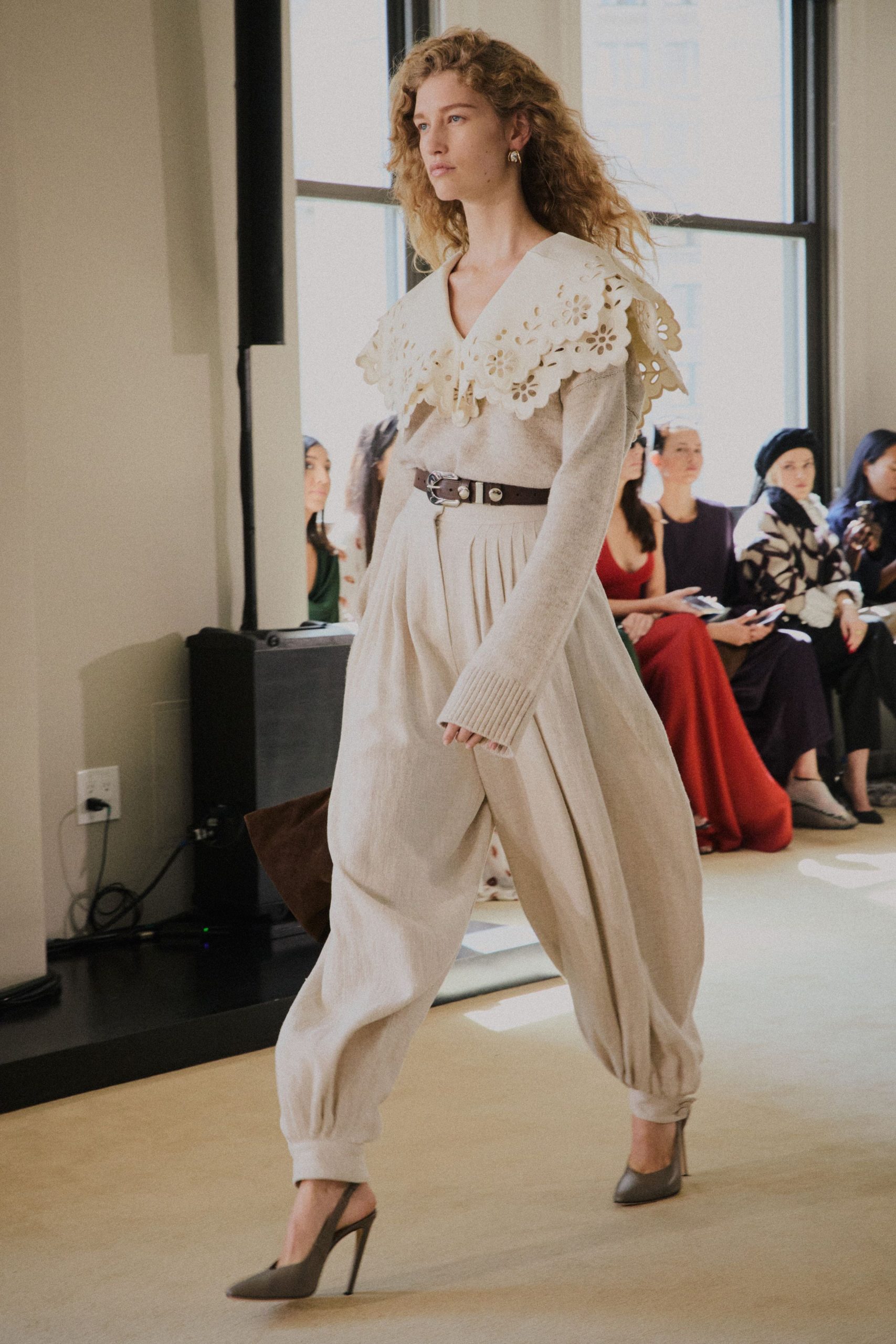beige cotton long-sleeve v-neck relaxed embroidered top