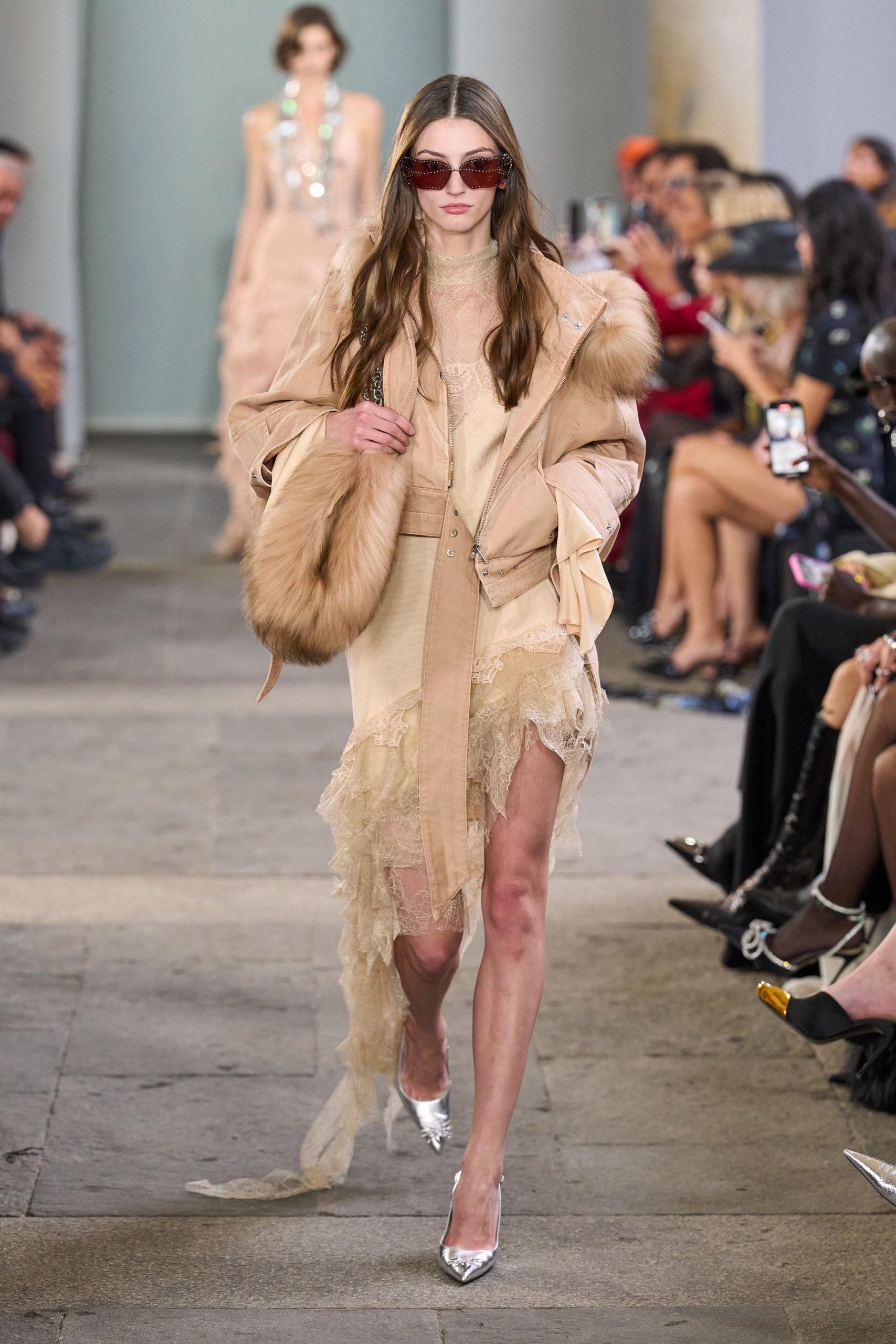 beige silk long-sleeve collared fitted fringed jacket
