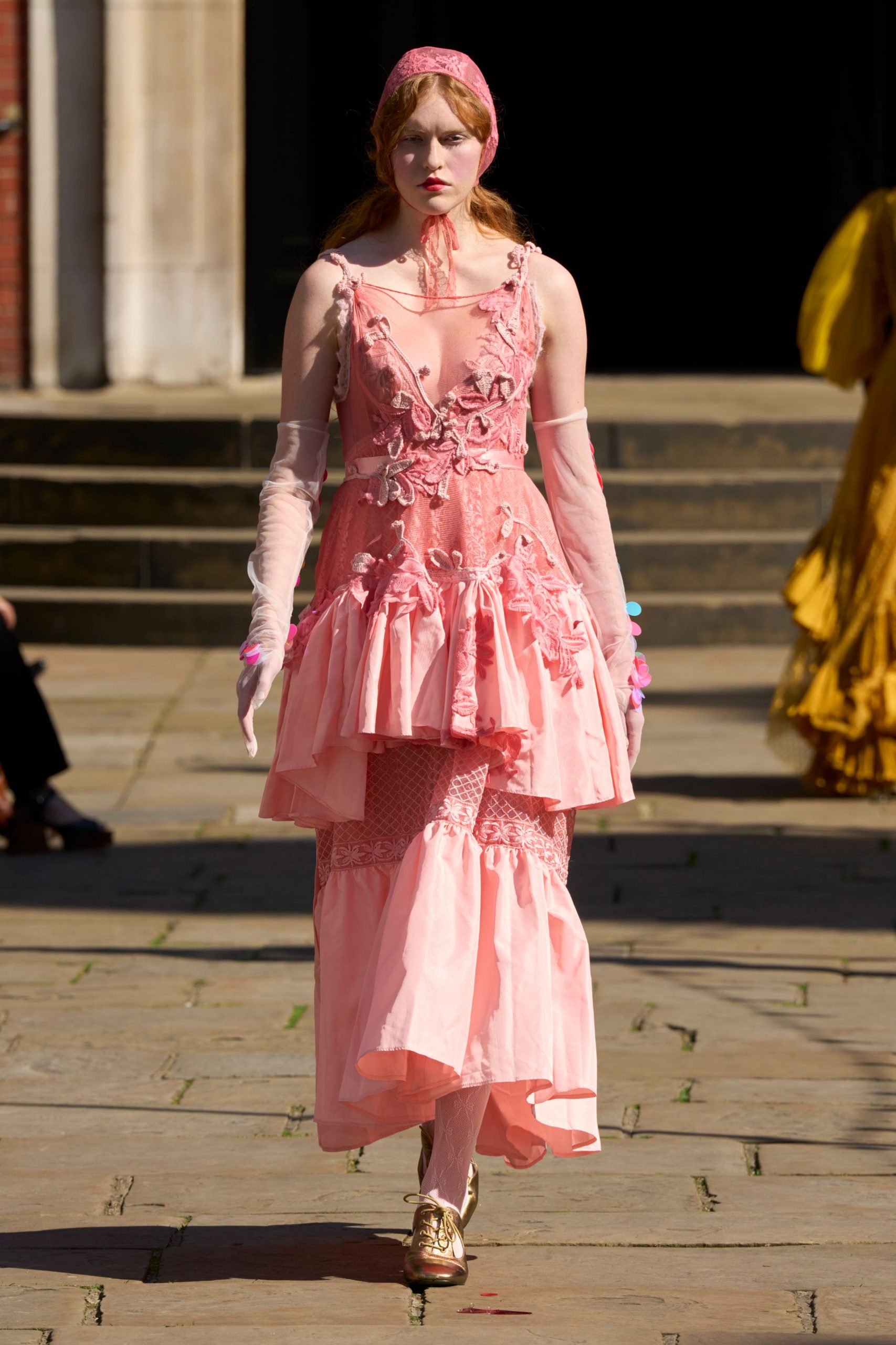 pink silk sleeveless v-neck fitted ruffled embroidered dress