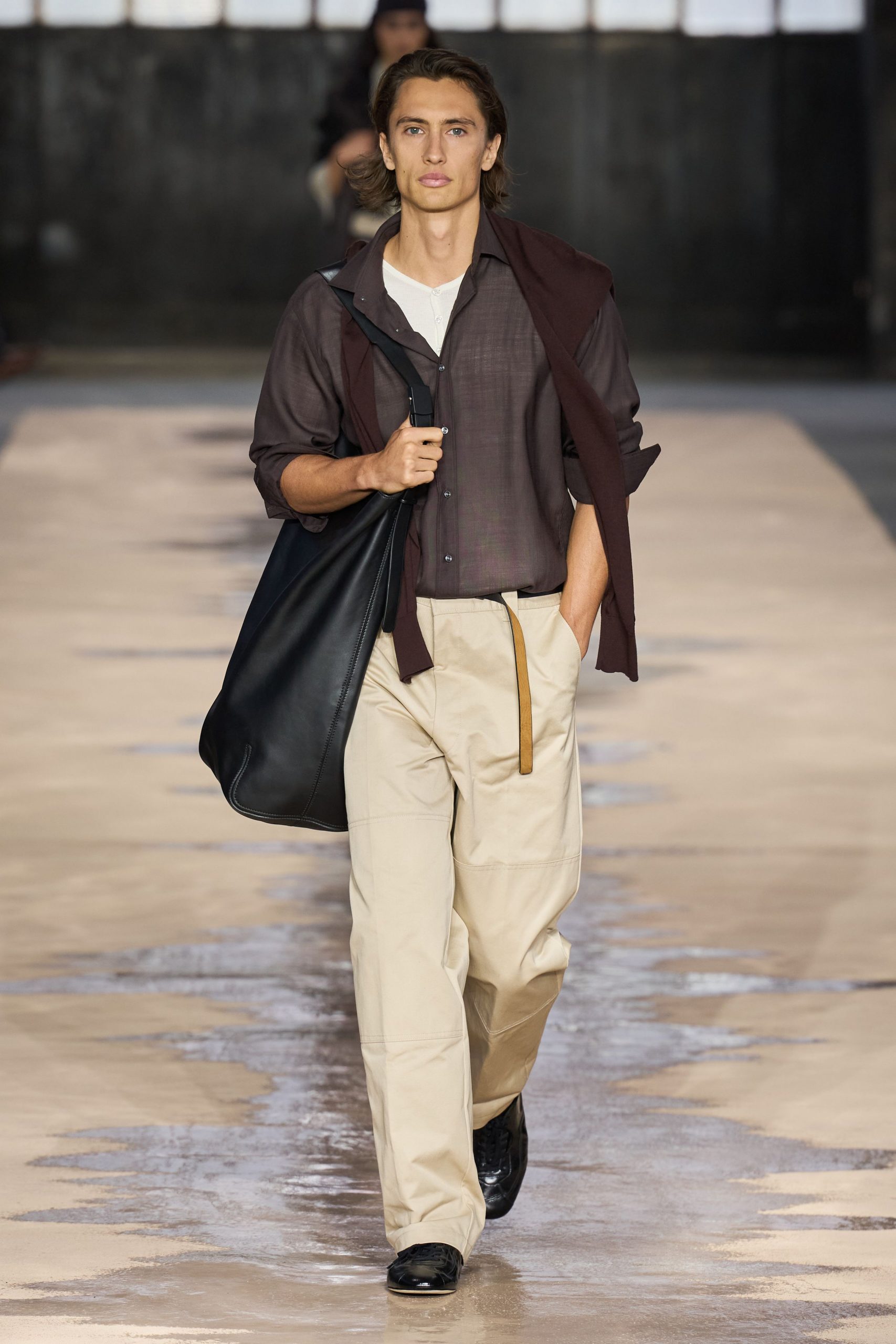 brown relaxed shirt beige pants