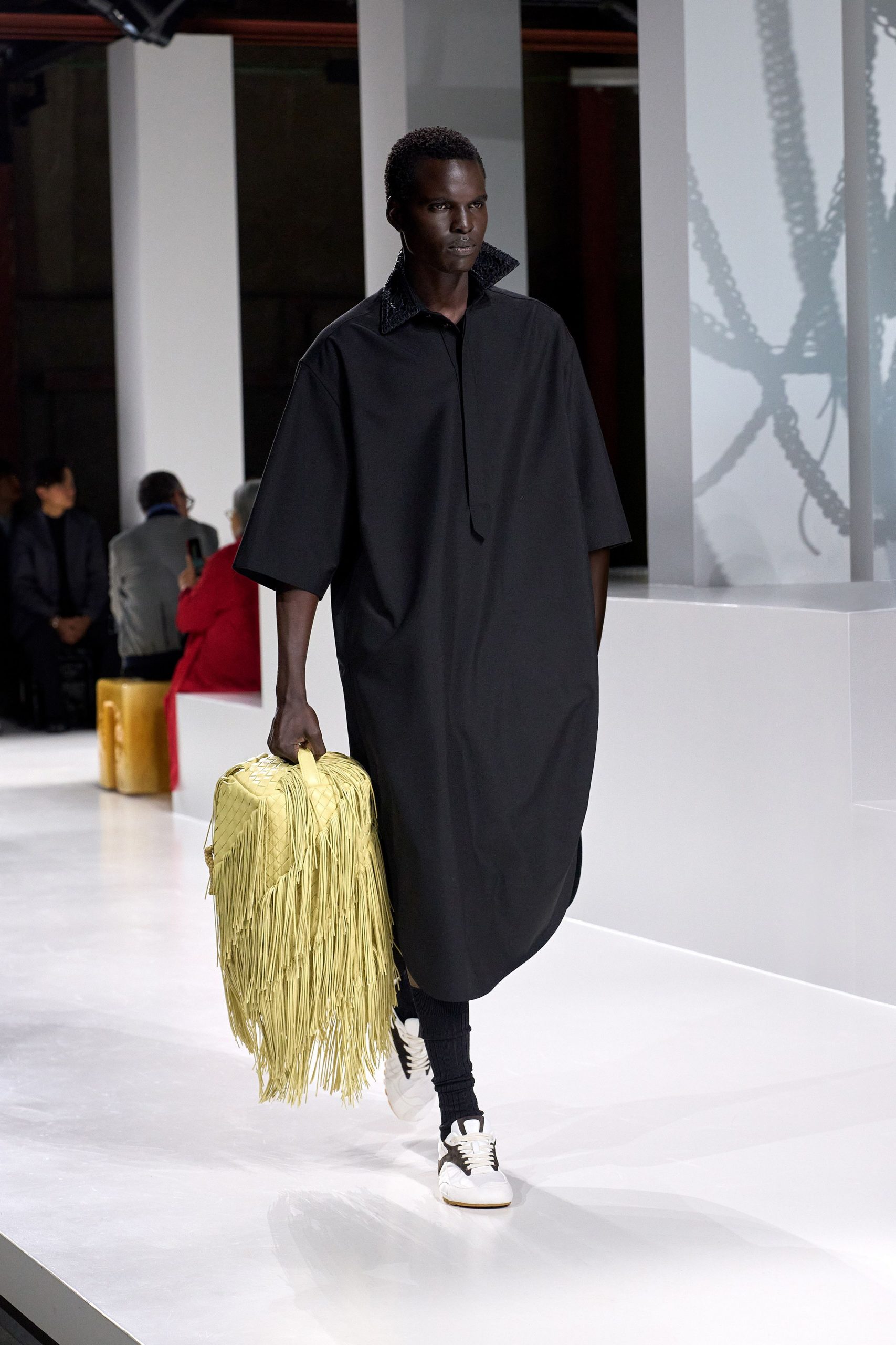 black cotton short-sleeve collared oversized fringed midi dress
