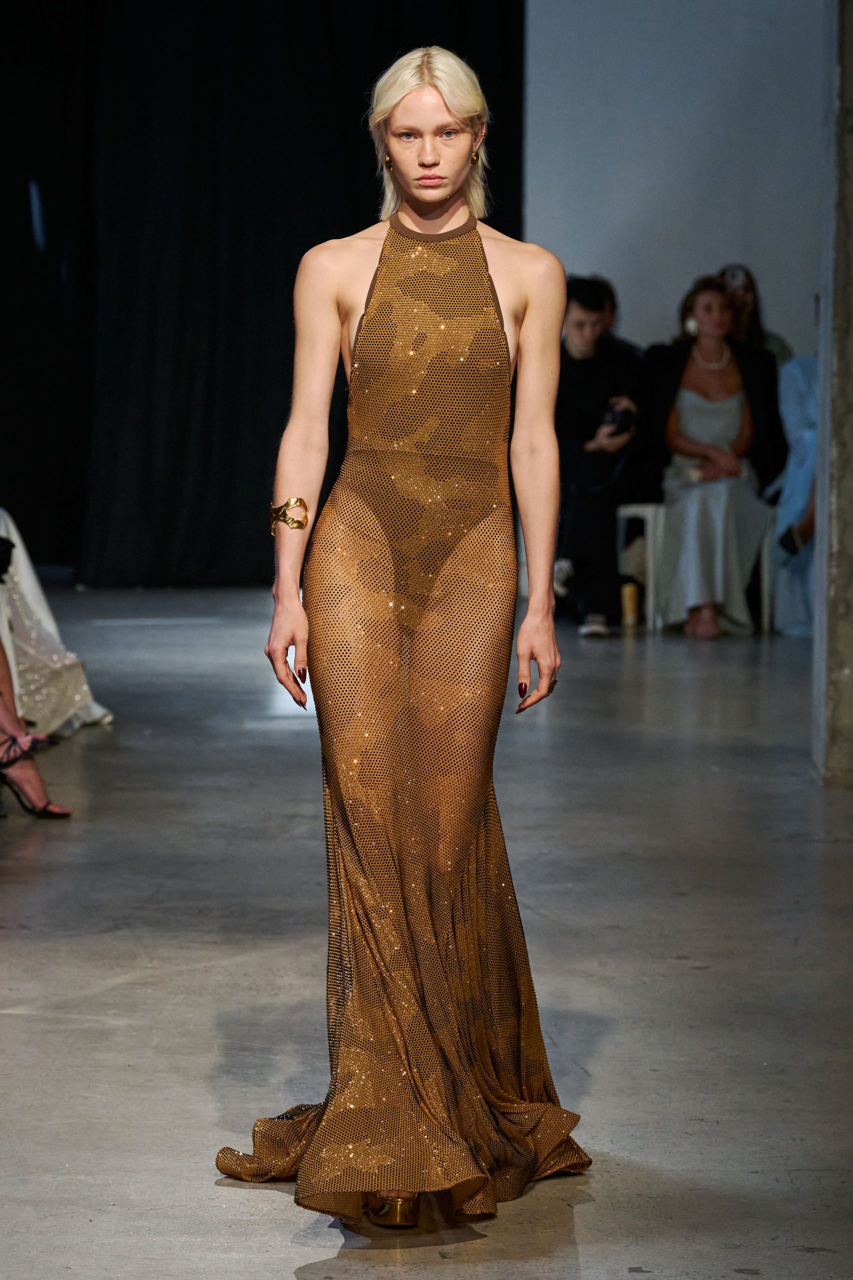 fitted gold mesh gown