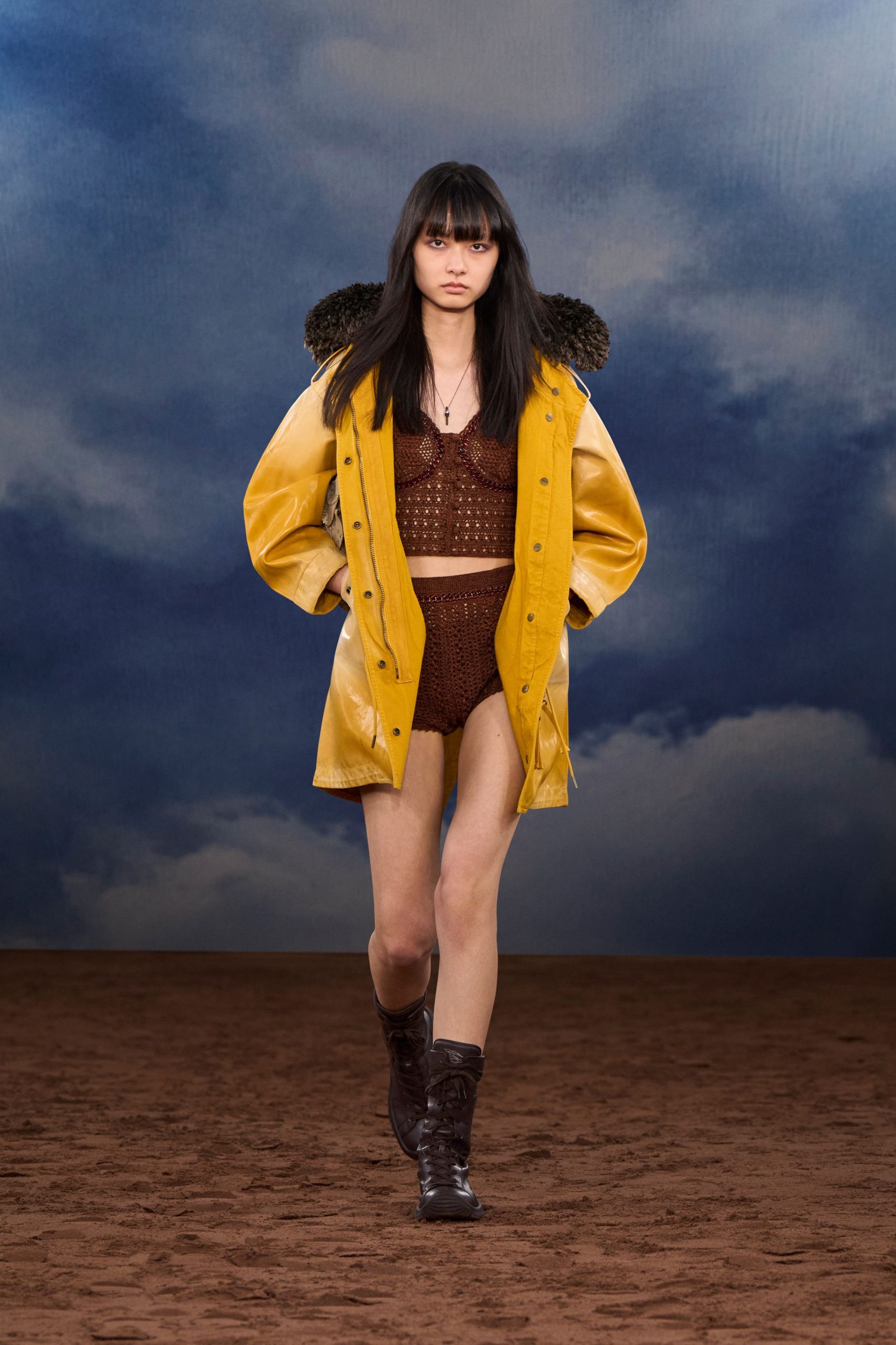 yellow leather long-sleeve collared relaxed buttoned coat