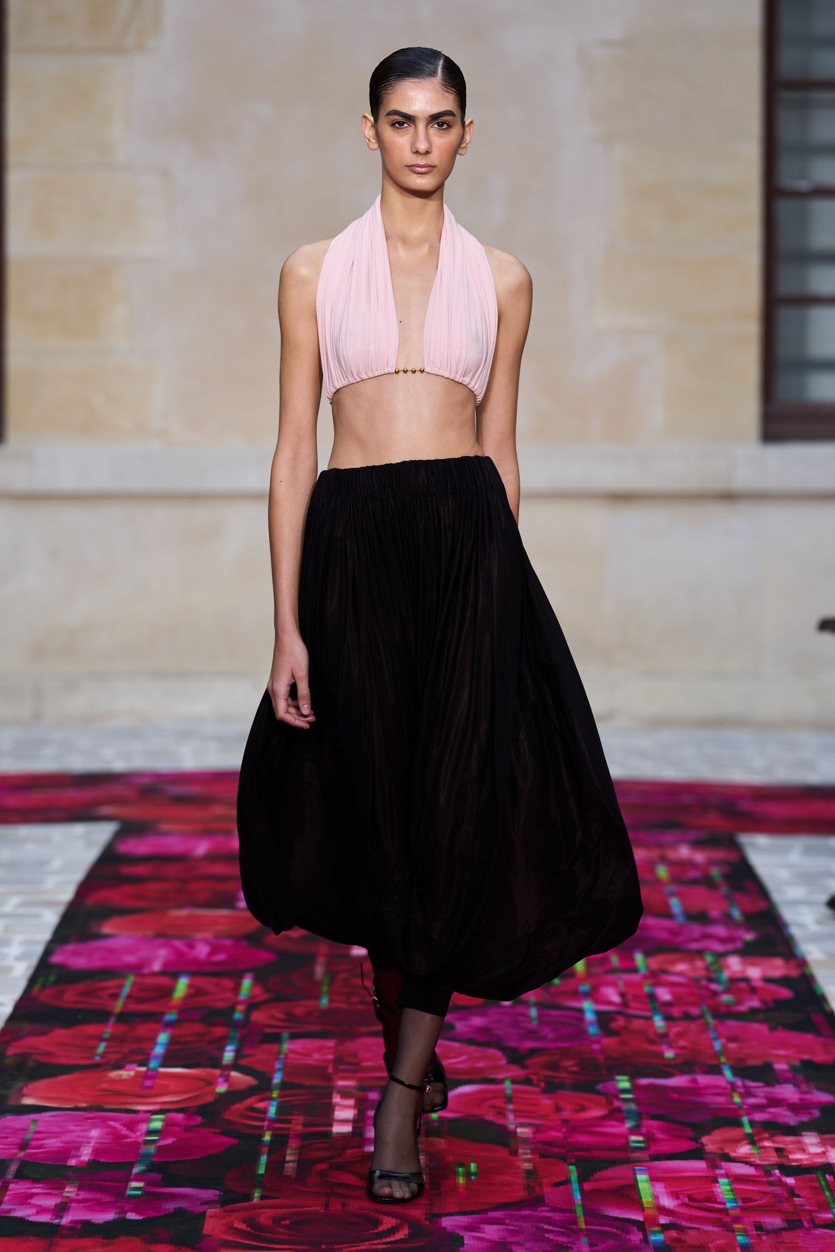 pink halter top black layered skirt