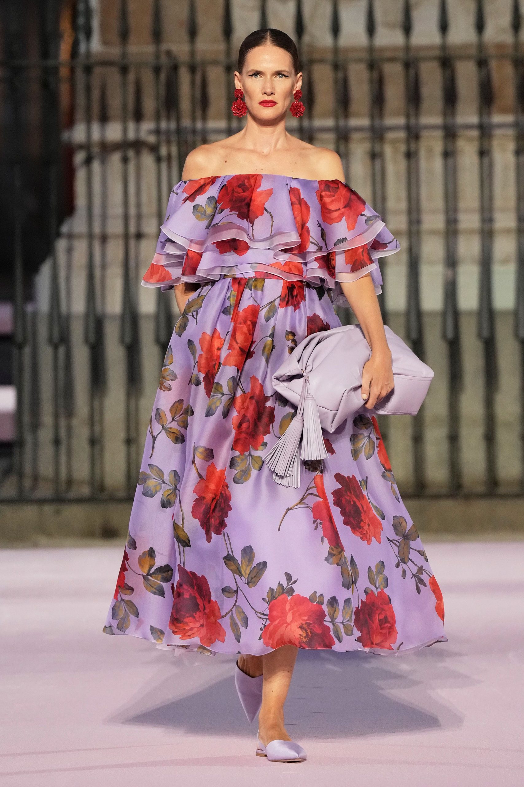 purple floral off-shoulder gown