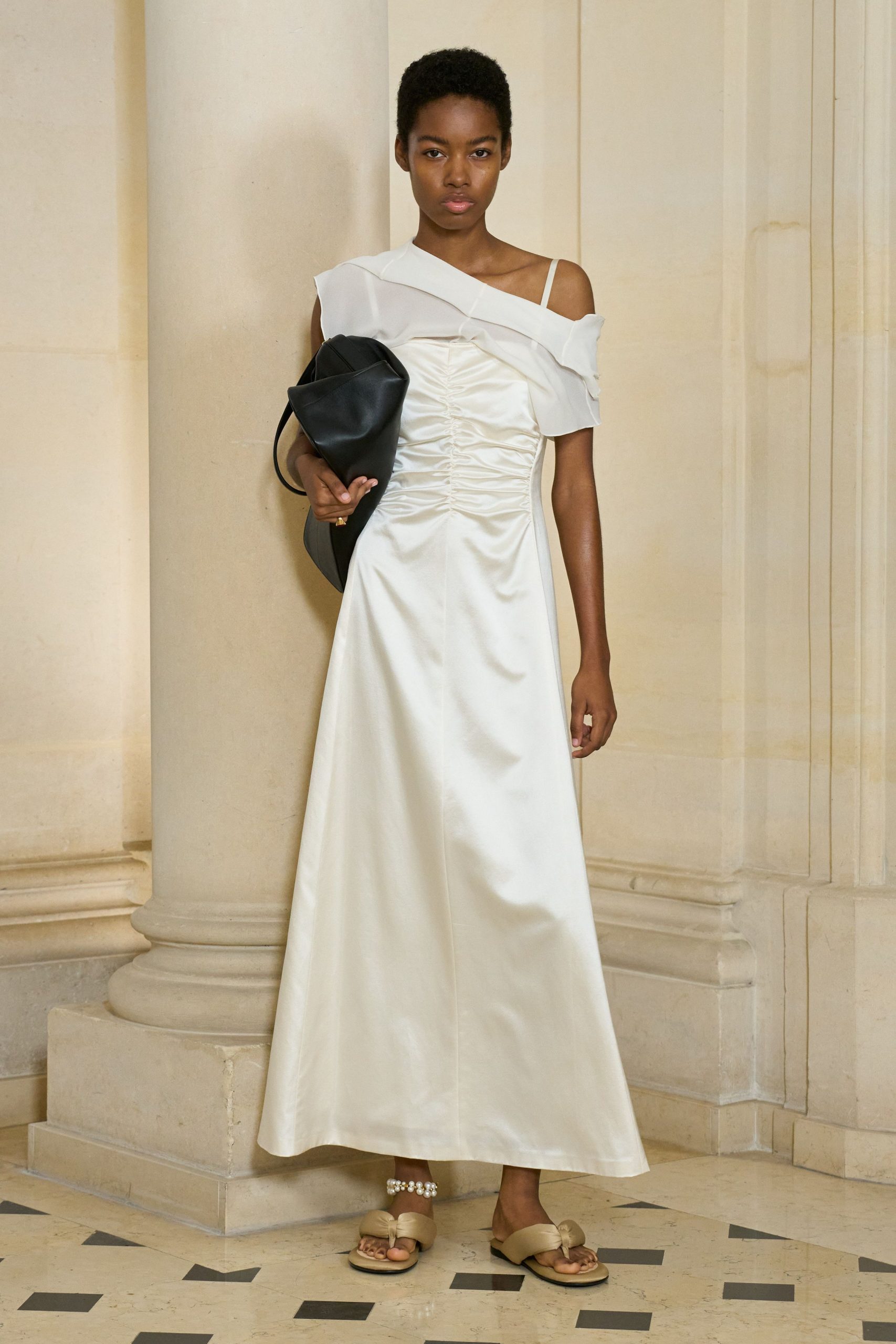 white satin sleeveless off-shoulder fitted ruched maxi gown