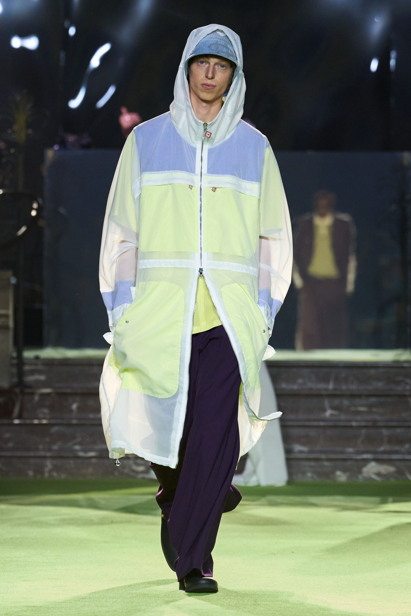 green vinyl long-sleeve hooded relaxed zippered sheer coat