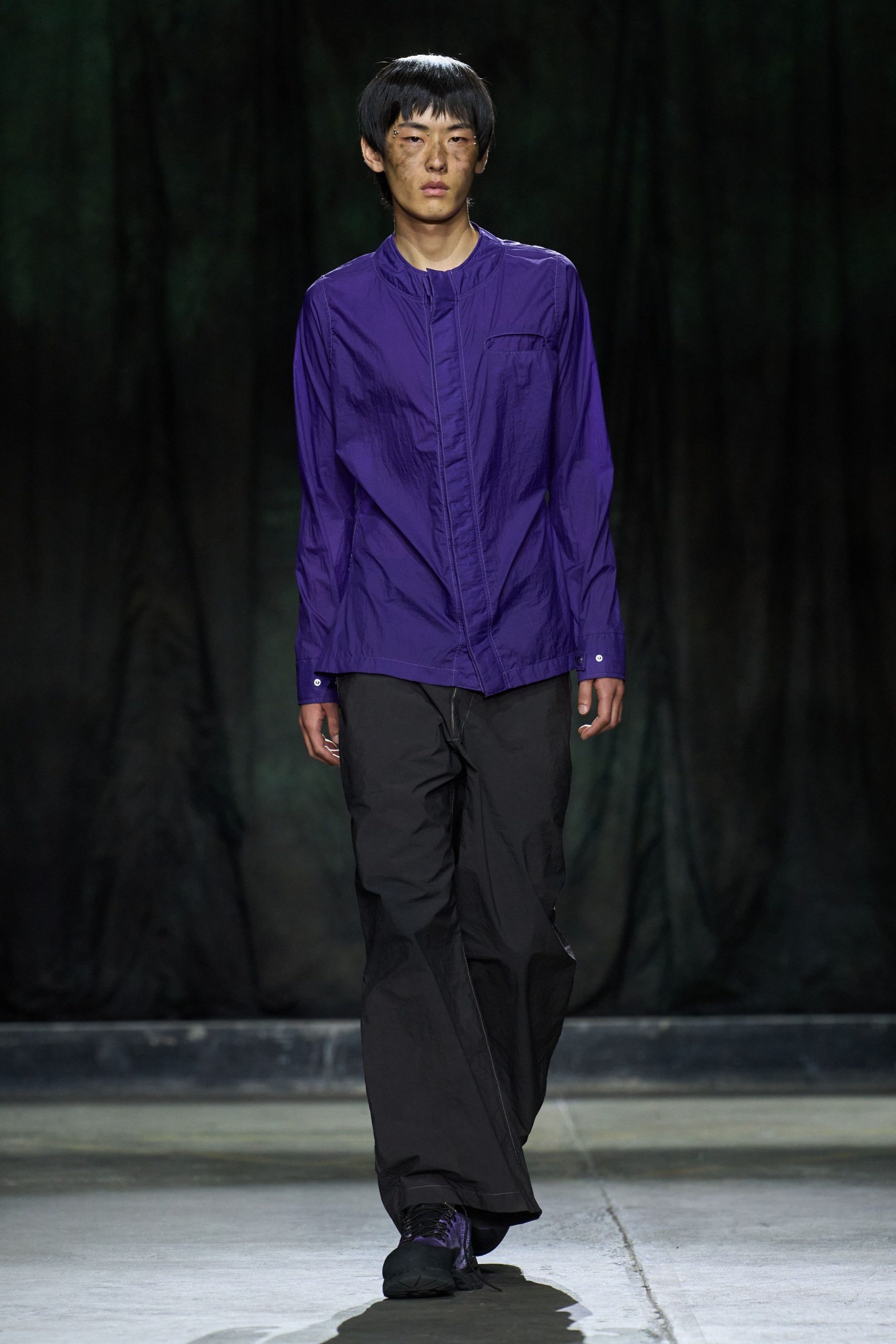 purple relaxed shirt with black cargo pants