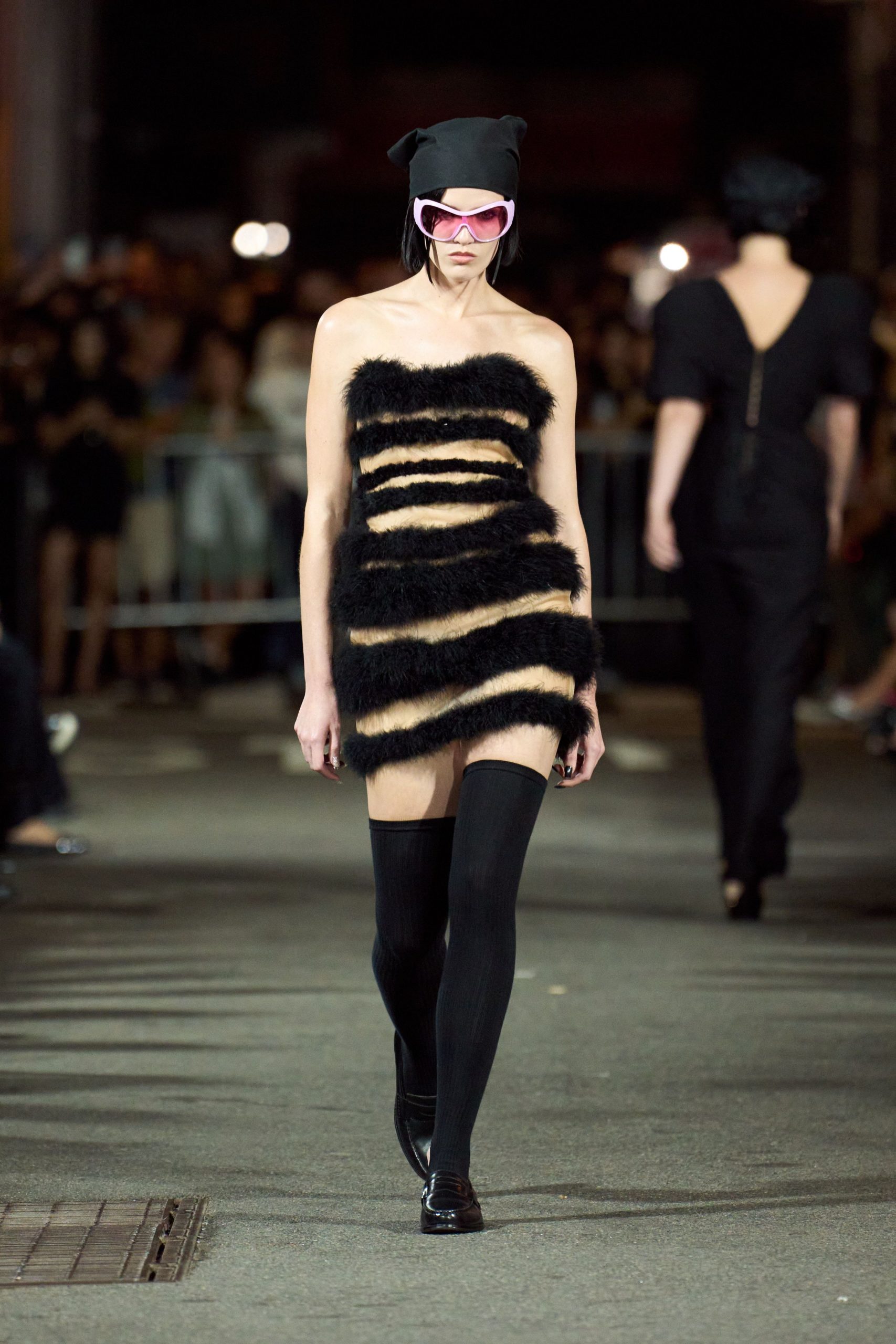 black fur sleeveless fitted striped mini dress