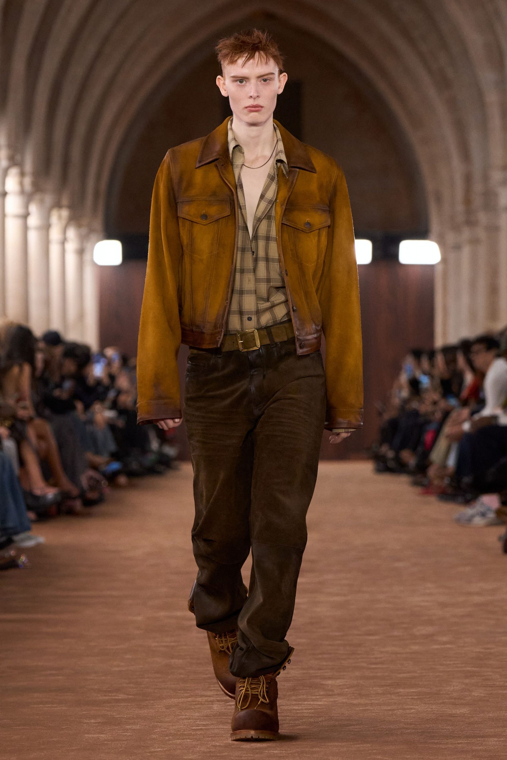 brown leather jacket with shirt and pants
